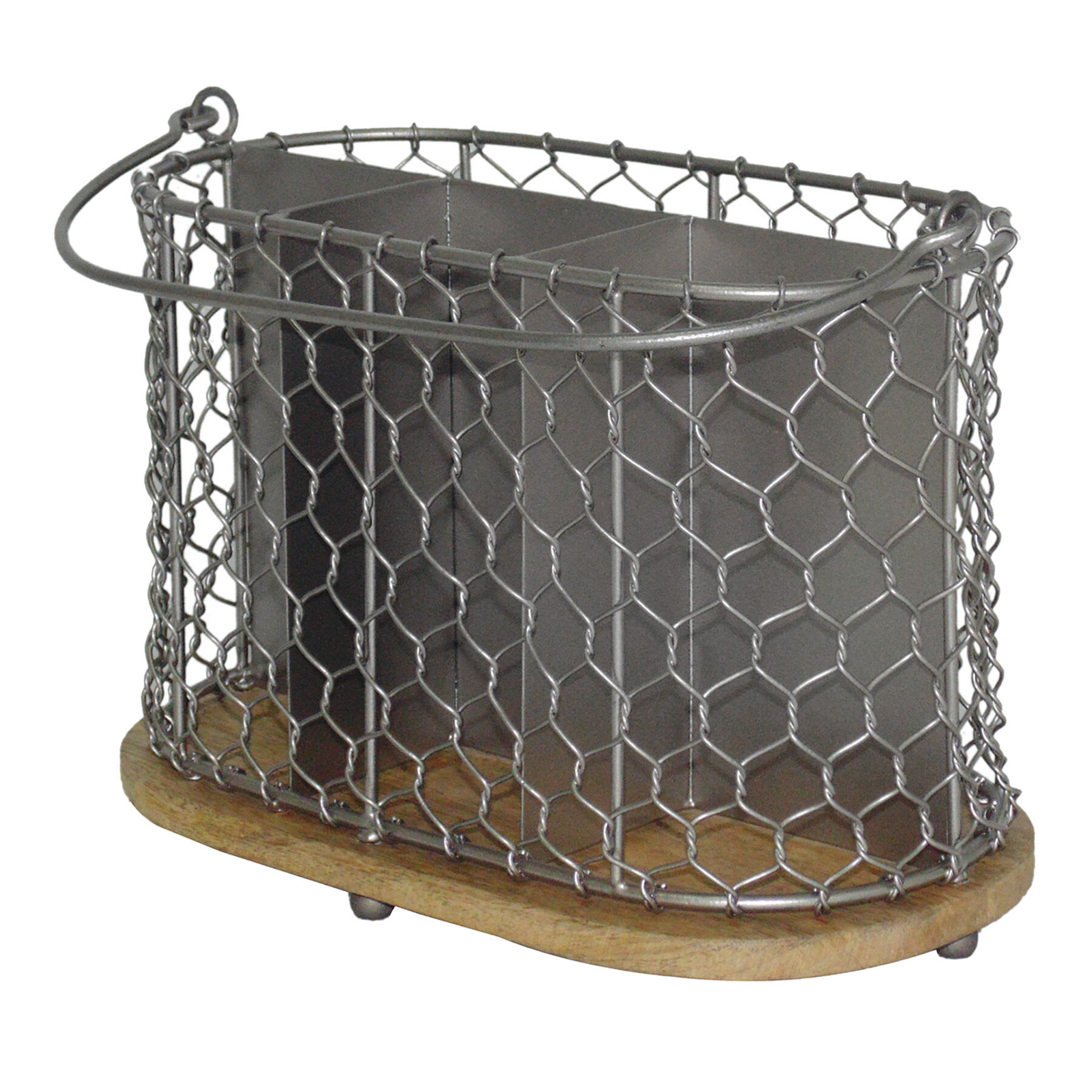 Iron Chicken Wire Weave Utensil Caddy with Mango Wood Base