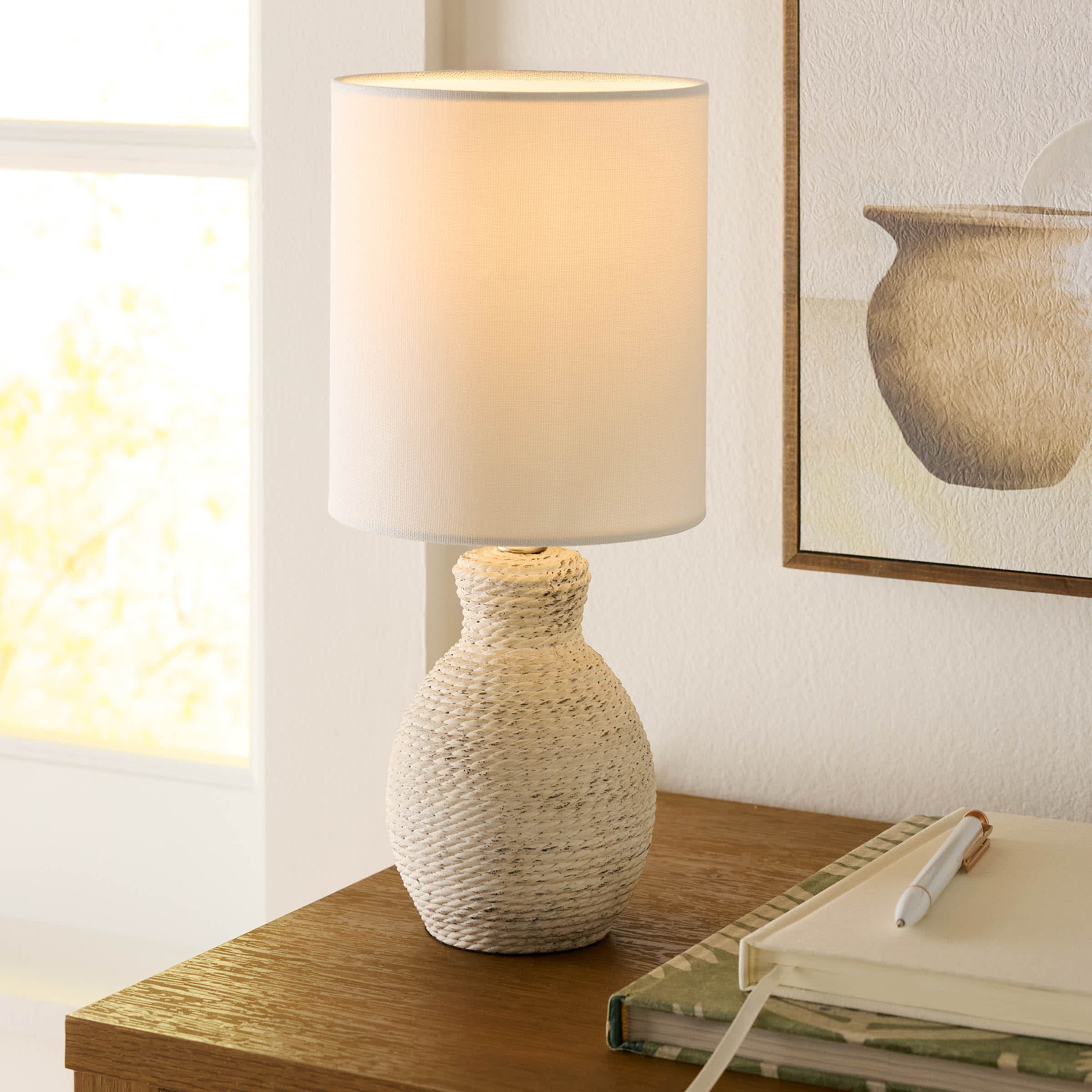 White Ribbed Mini Table Lamp with Shade, 12"