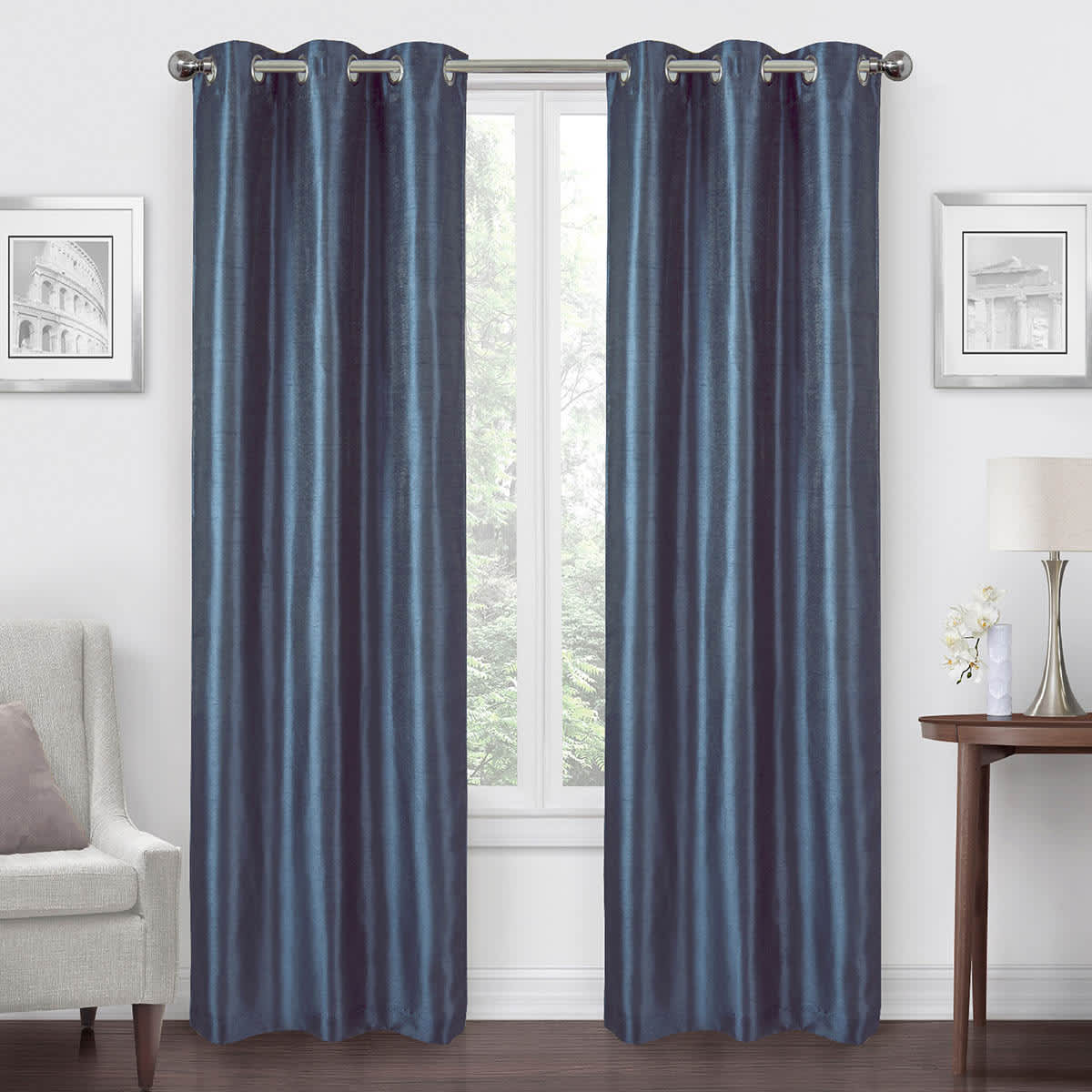 Navy Faux Silk Blackout Grommet Curtain Panel, 84"