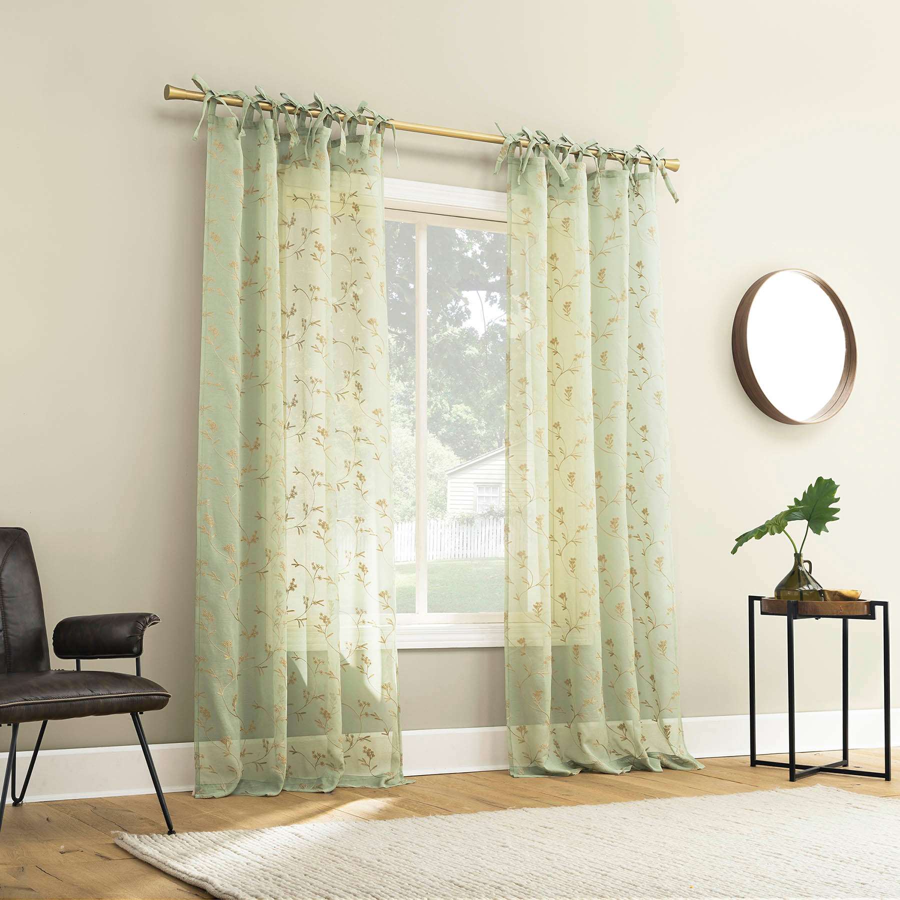 Sage Green Bow Tab Sheer Curtain Panel, 84"