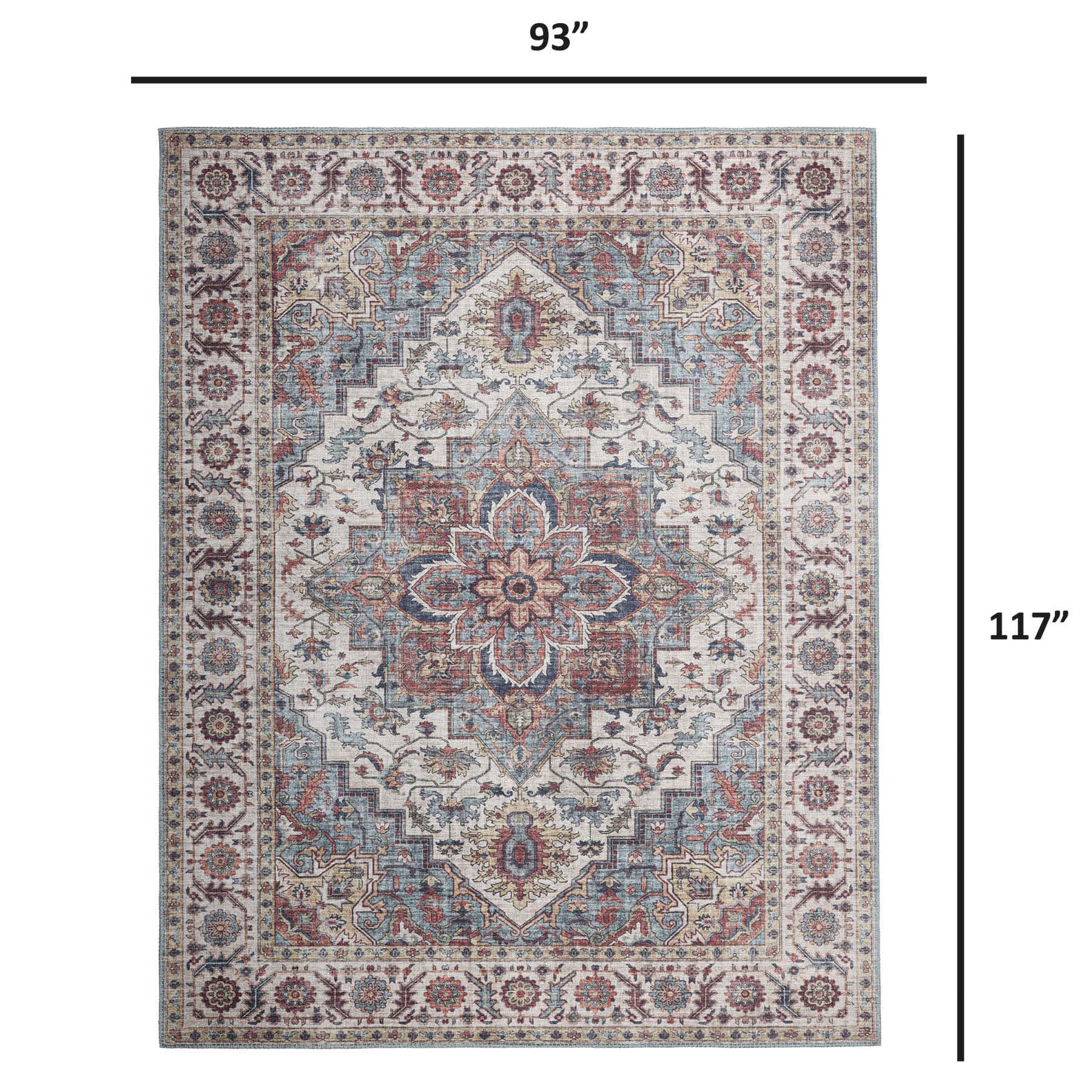(D448) Found & Fable Chenille Printed Vintage Look Blue Medallion Area Rug, 8x10