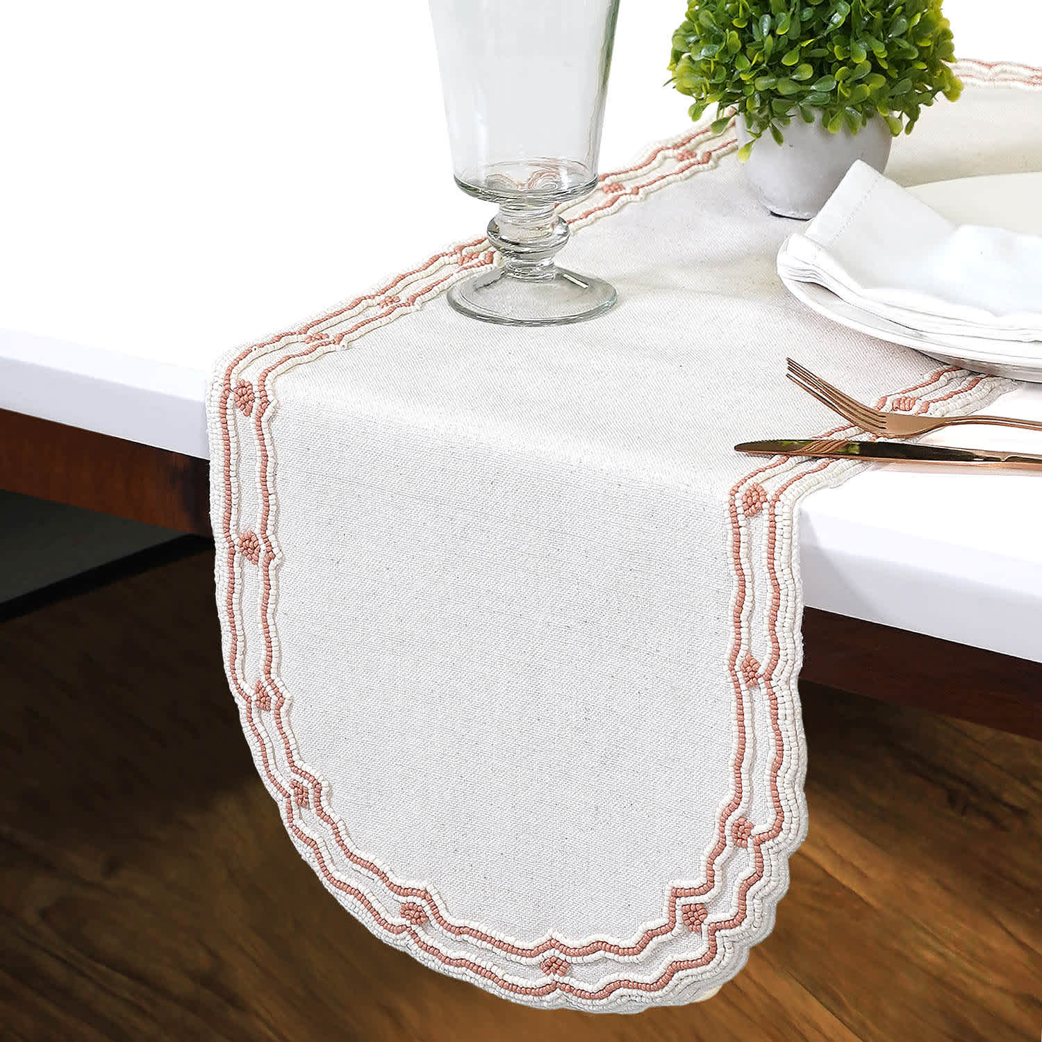 Neutral Table Runner with Pink Beading Design, 36x13