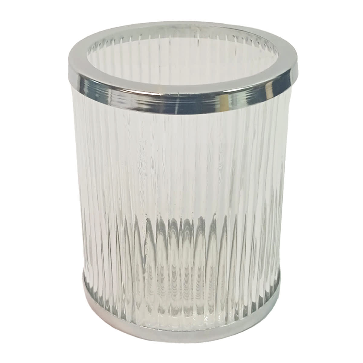 Ribbed Glass Hurricane with Silver Rim, 5"