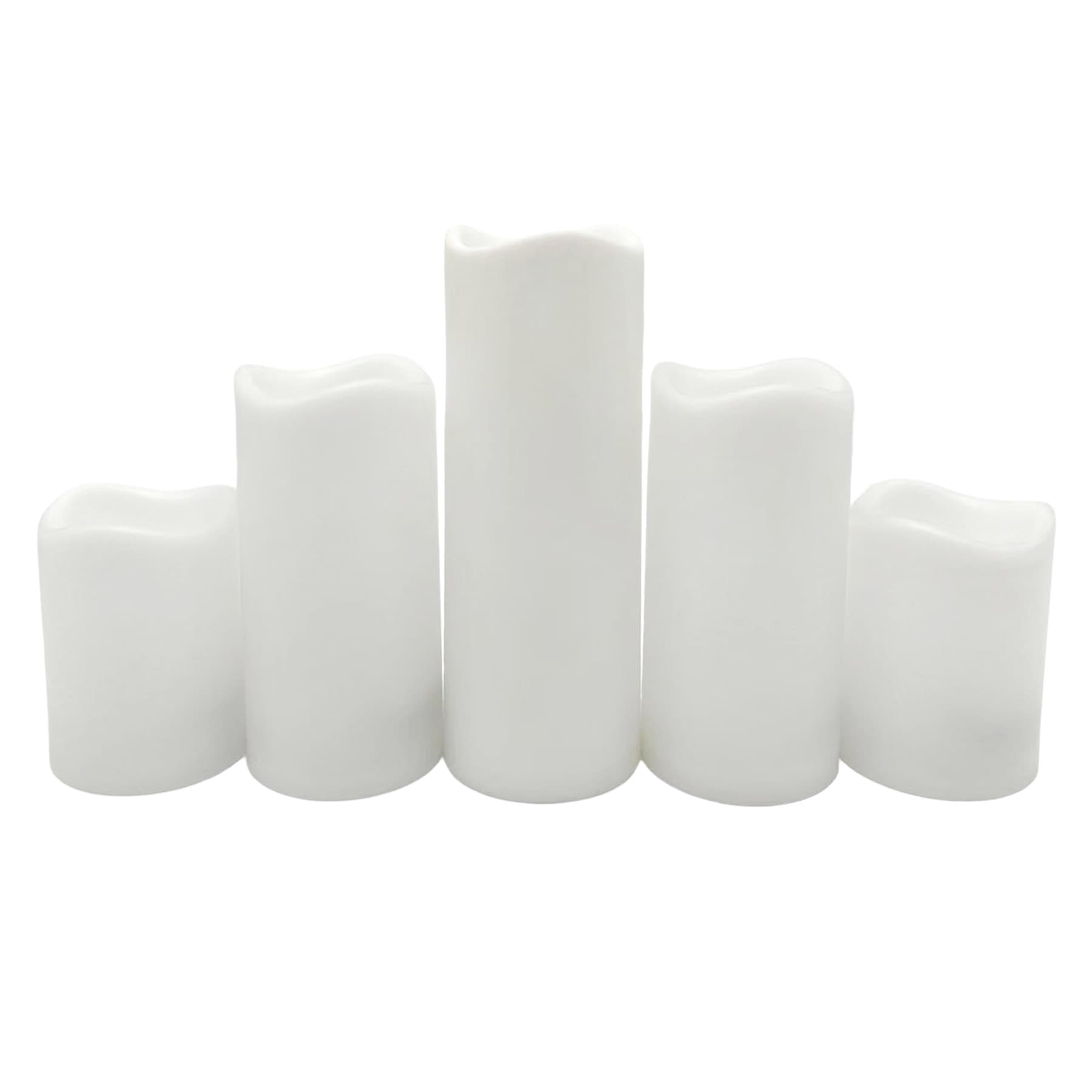 5-Pack White All Weather LED Pillar Candles, 3x4/3x6/3x8