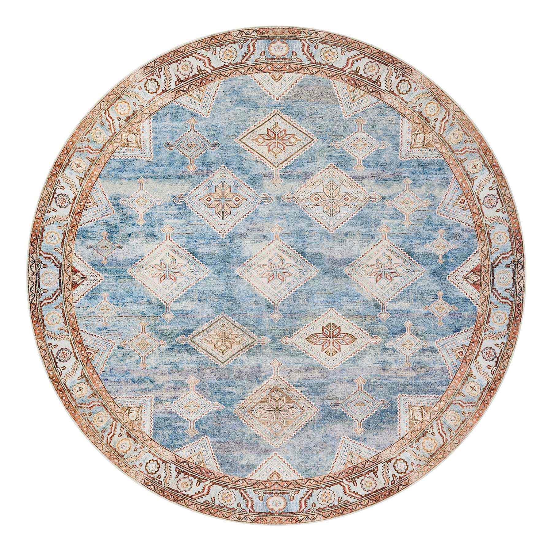 (D569) Freya Blue Multicolor Medallion Washable Round Rug, 6'