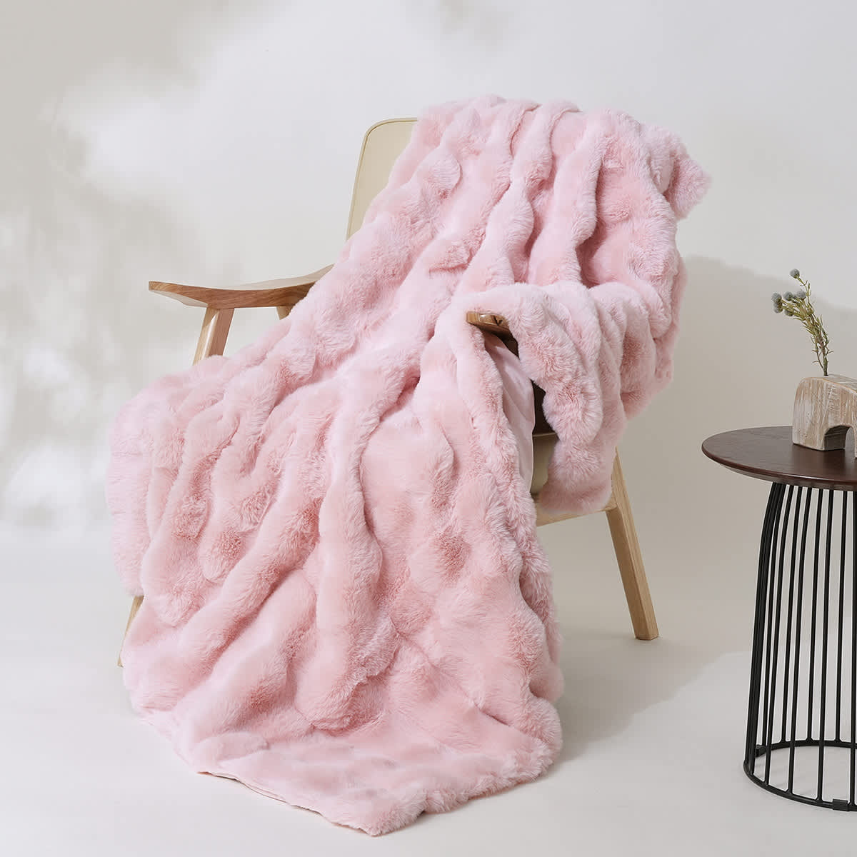 Pink Pom Pom Faux Fur Throw Blanket, 50x60