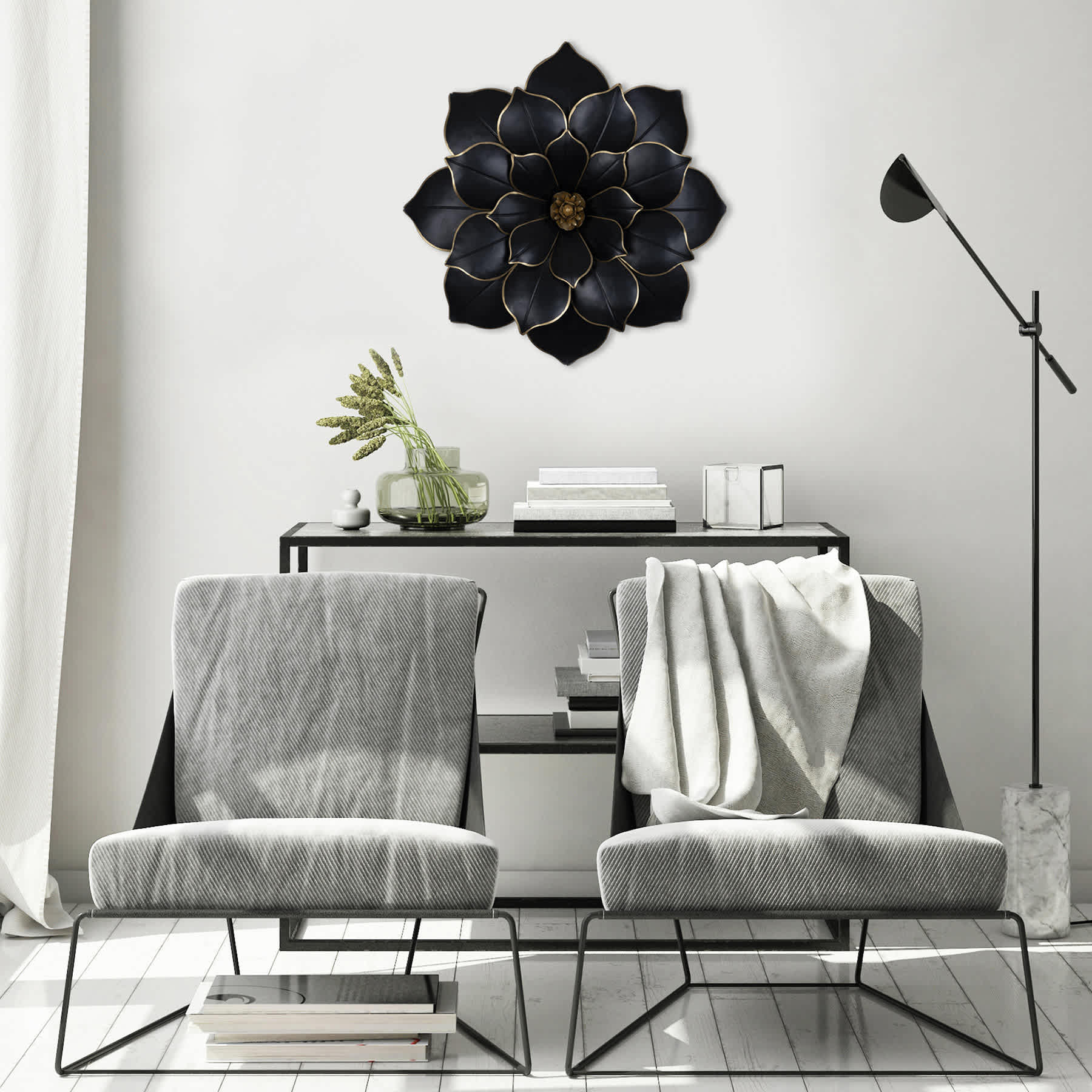 Black & Gold Metal Flower Wall Art, 21"