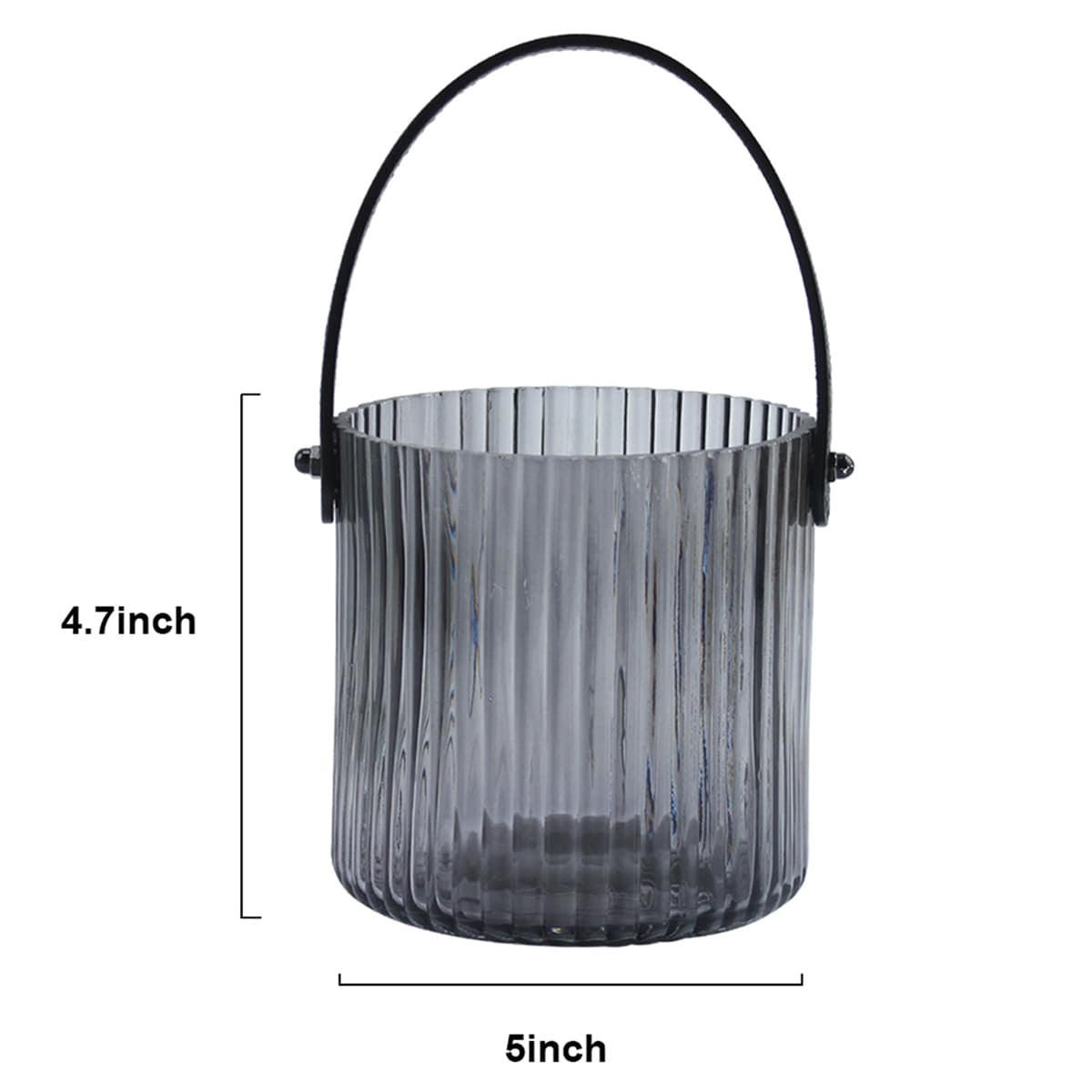 Smoke Ribbed Glass Lantern with Black Leather Handle, 4.7"