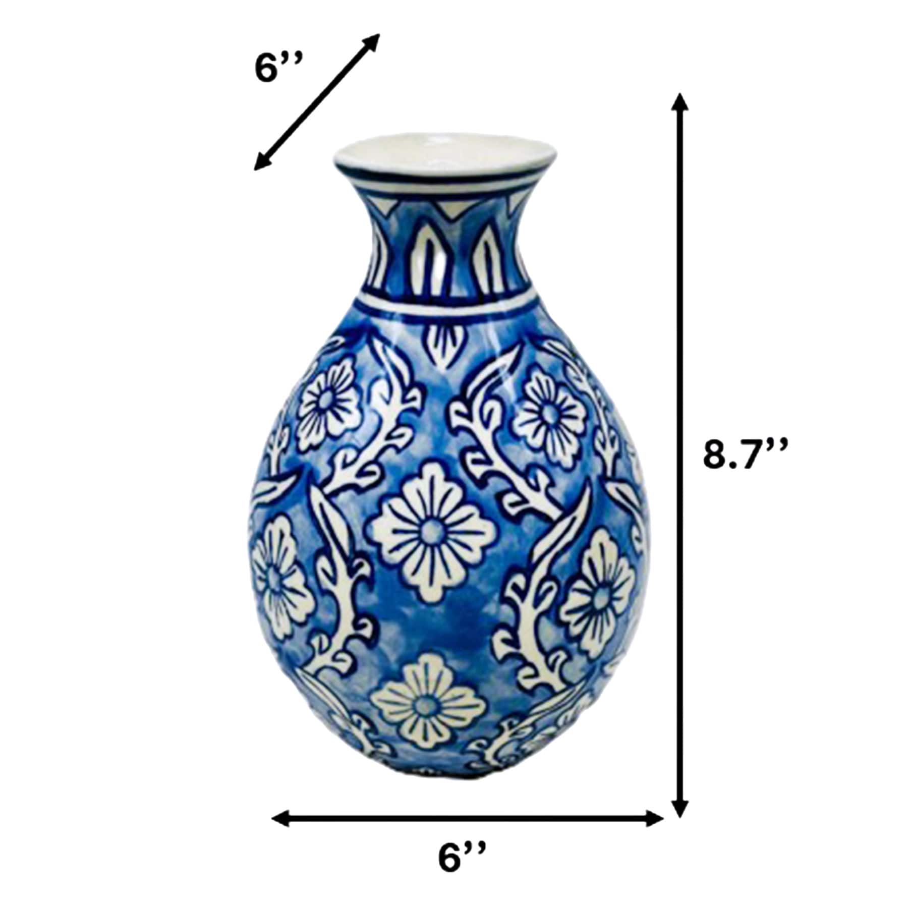 Light Blue Handpainted Floral Ceramic Vase, 8.7"