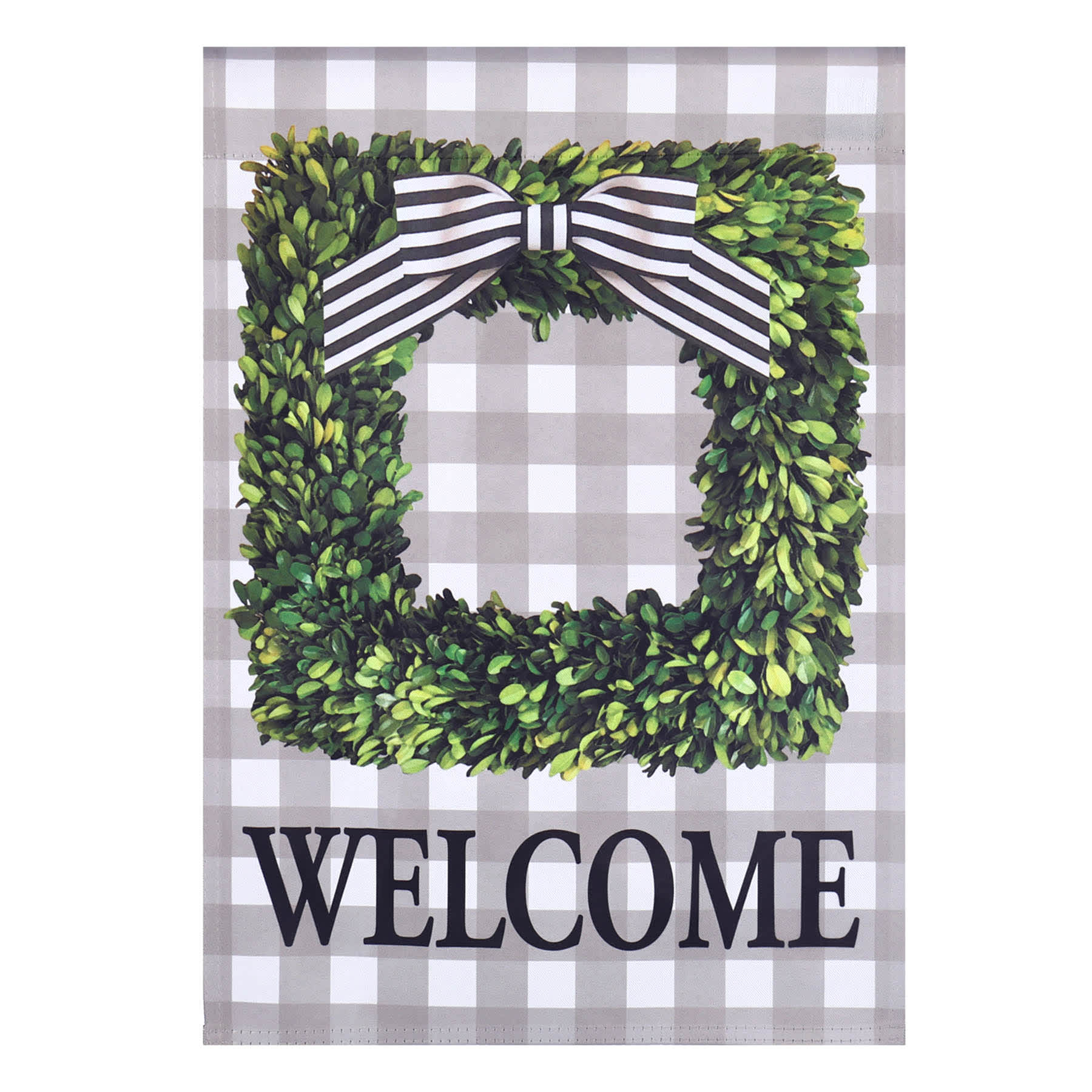 Boxwood Welcome Wreath Plaid Garden Flag, 18"