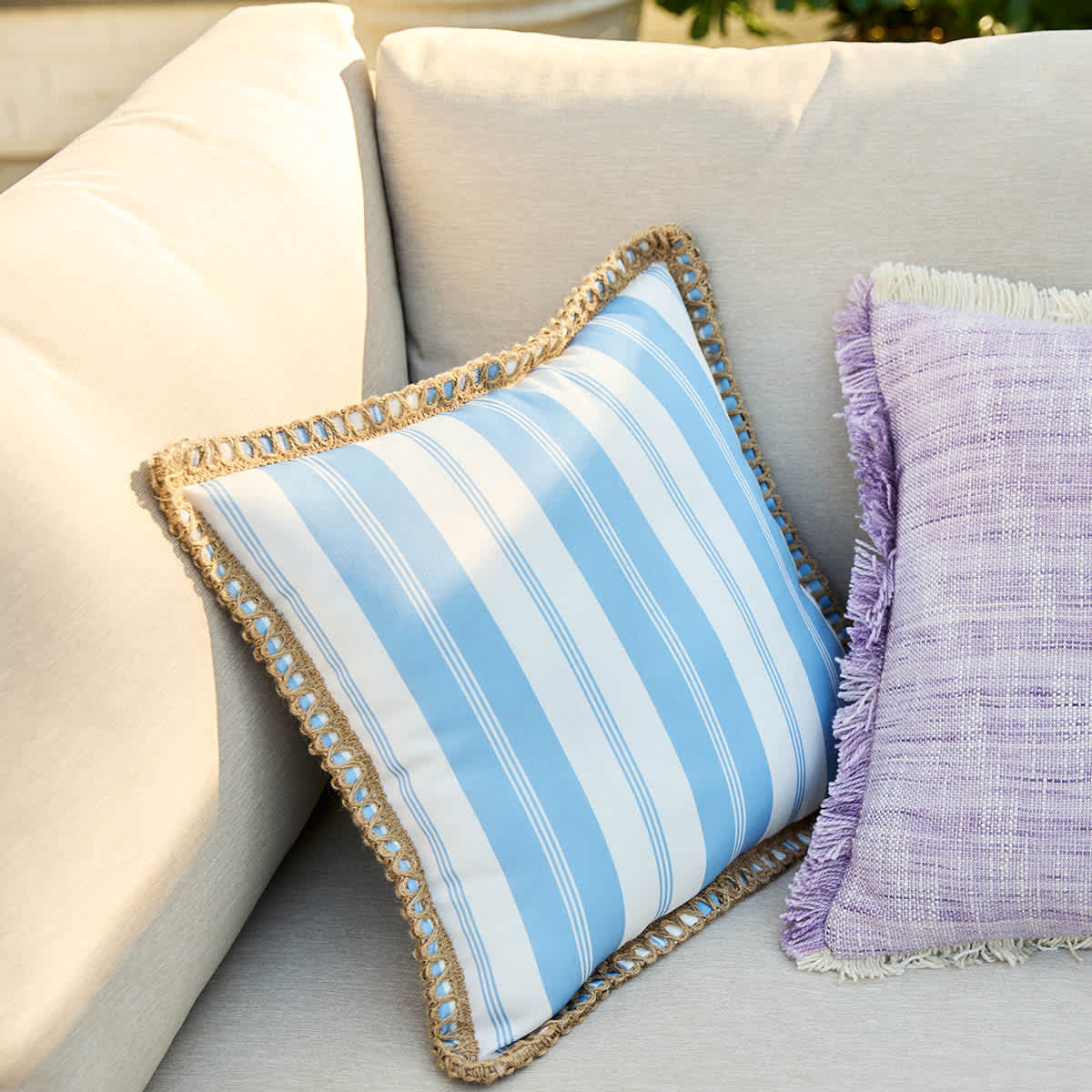 Providence Blue Stripe with Jute Trim Outdoor Throw Pillow, 18"