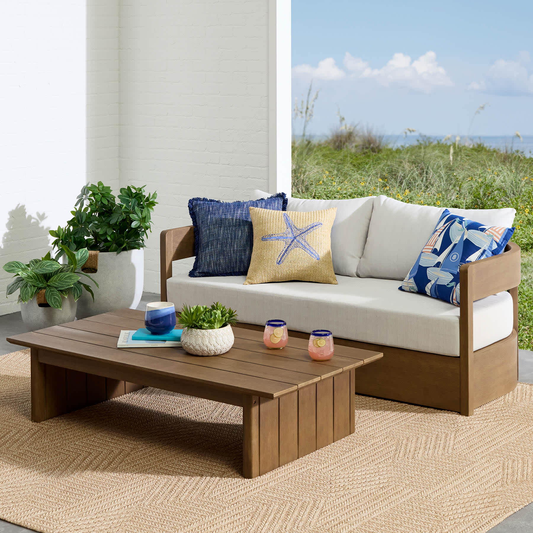 Oakes Driftwood Finish Acacia Wood Patio Sofa with Ash Cushions