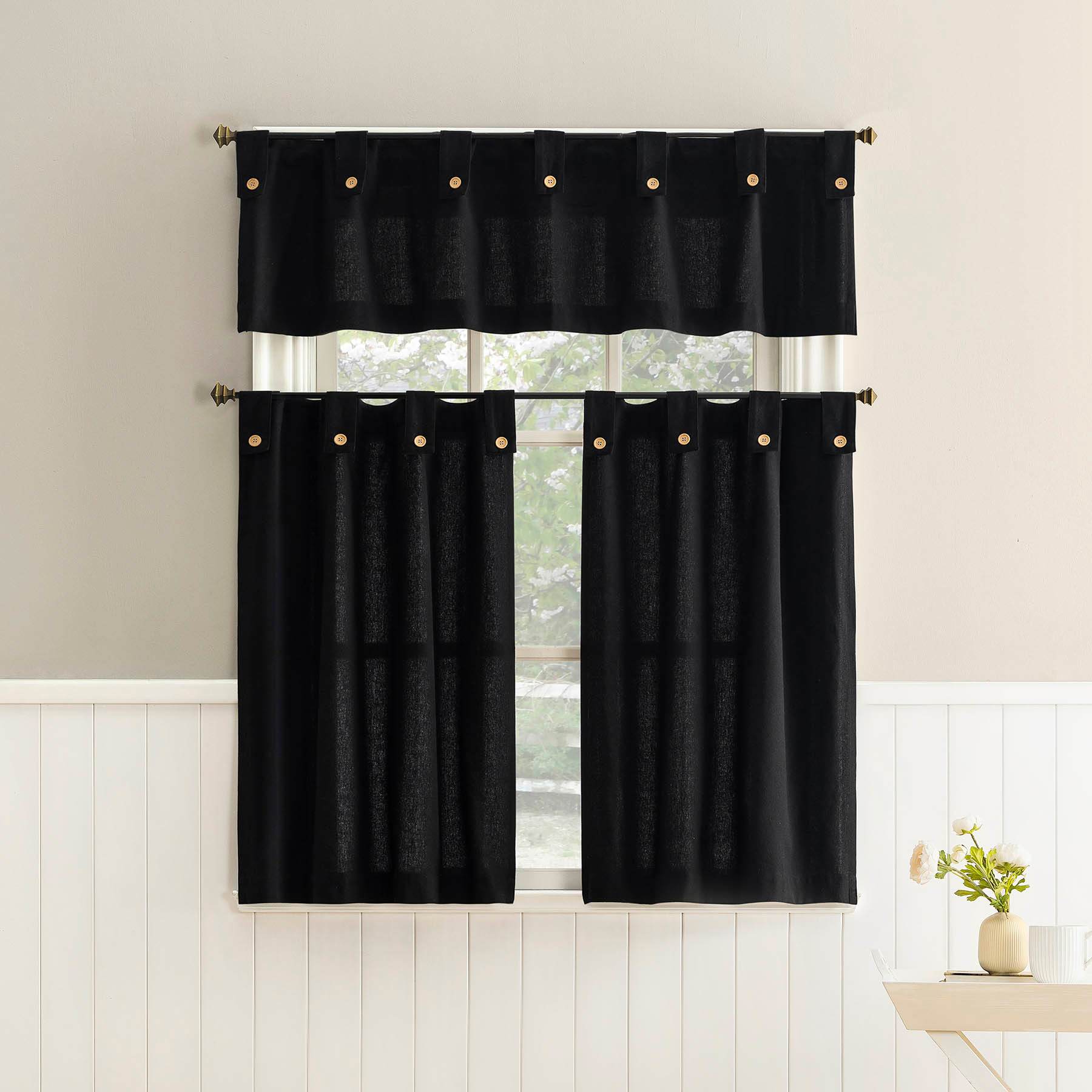 Black Small Tiered Window Curtain Panel Set with Buttons, 54x36
