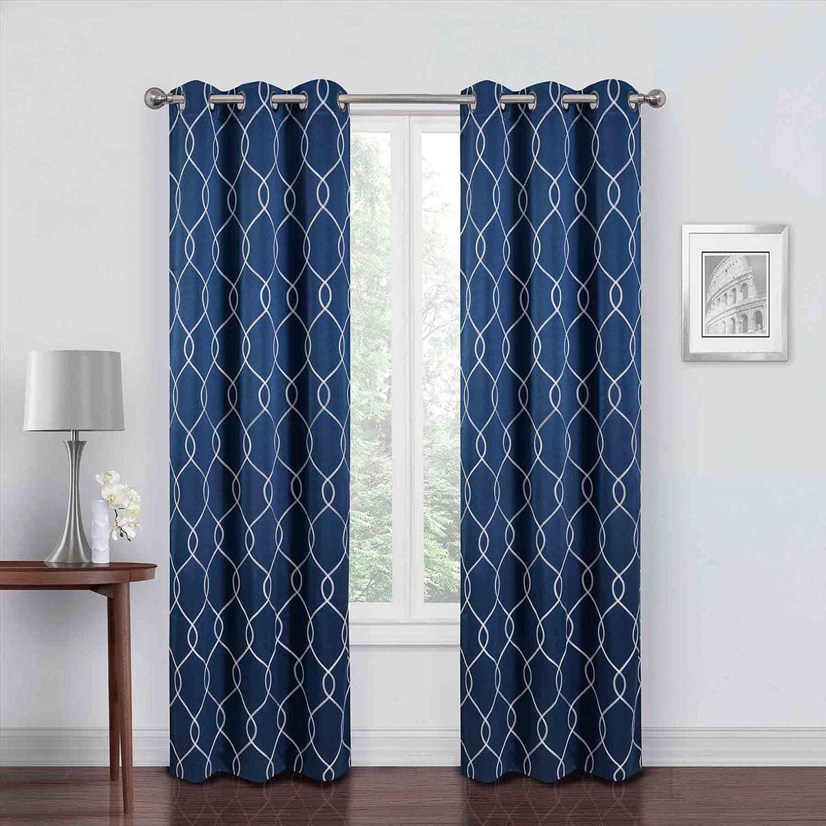 Navy Embroidered Blackout Grommet Curtain Panel, 84"