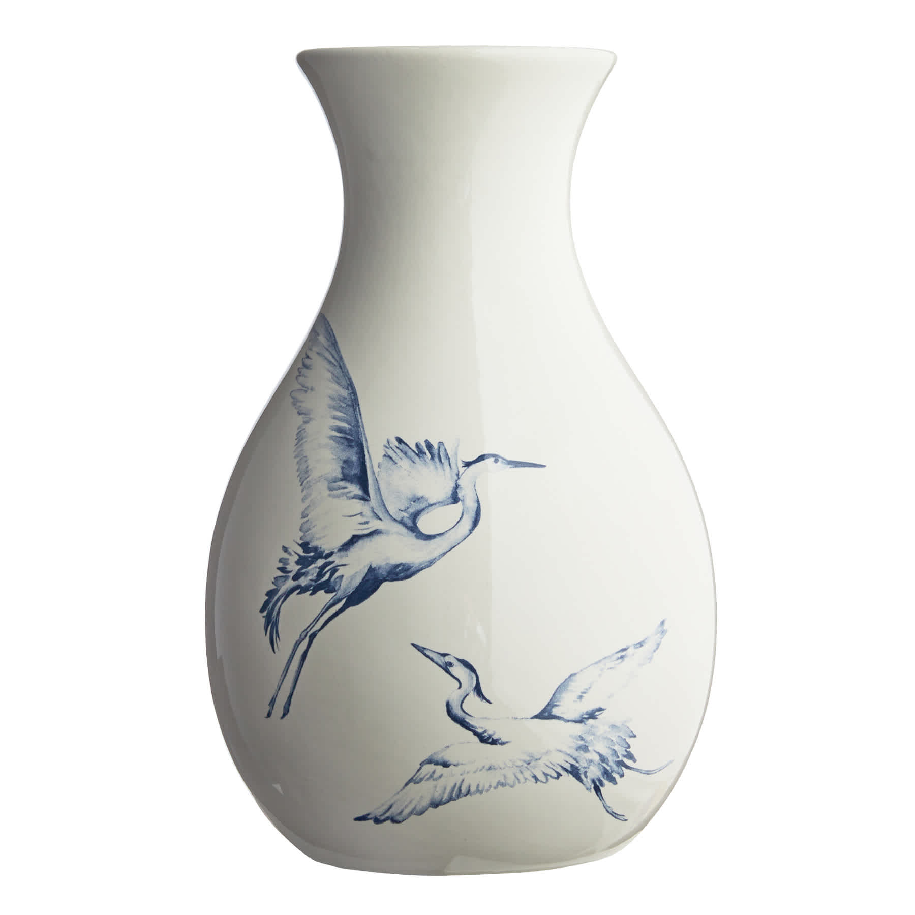 White Heron Print Ceramic Vase, 10"