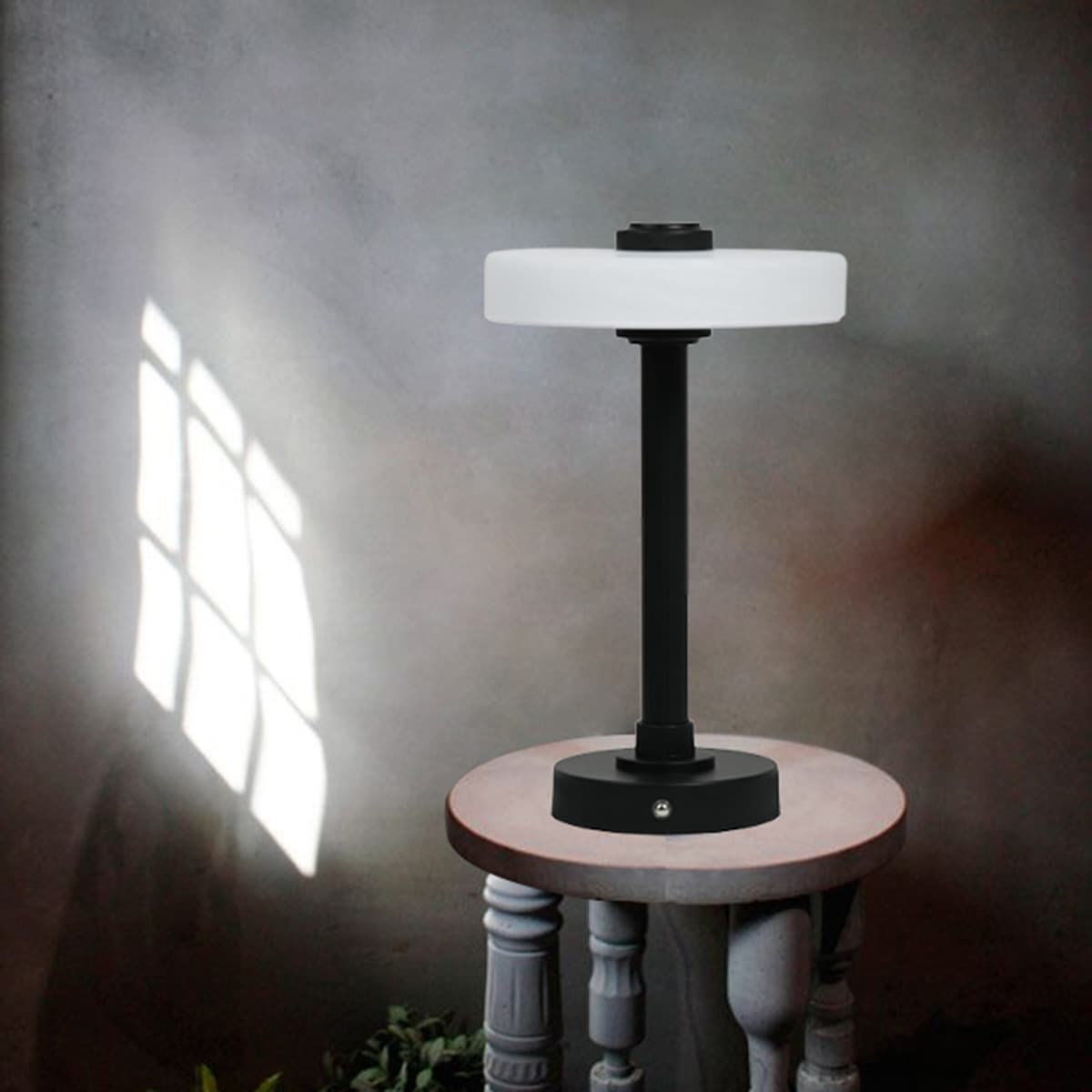 Black Metal Portable Rechargeable Lamp with Glass Shade, 12"