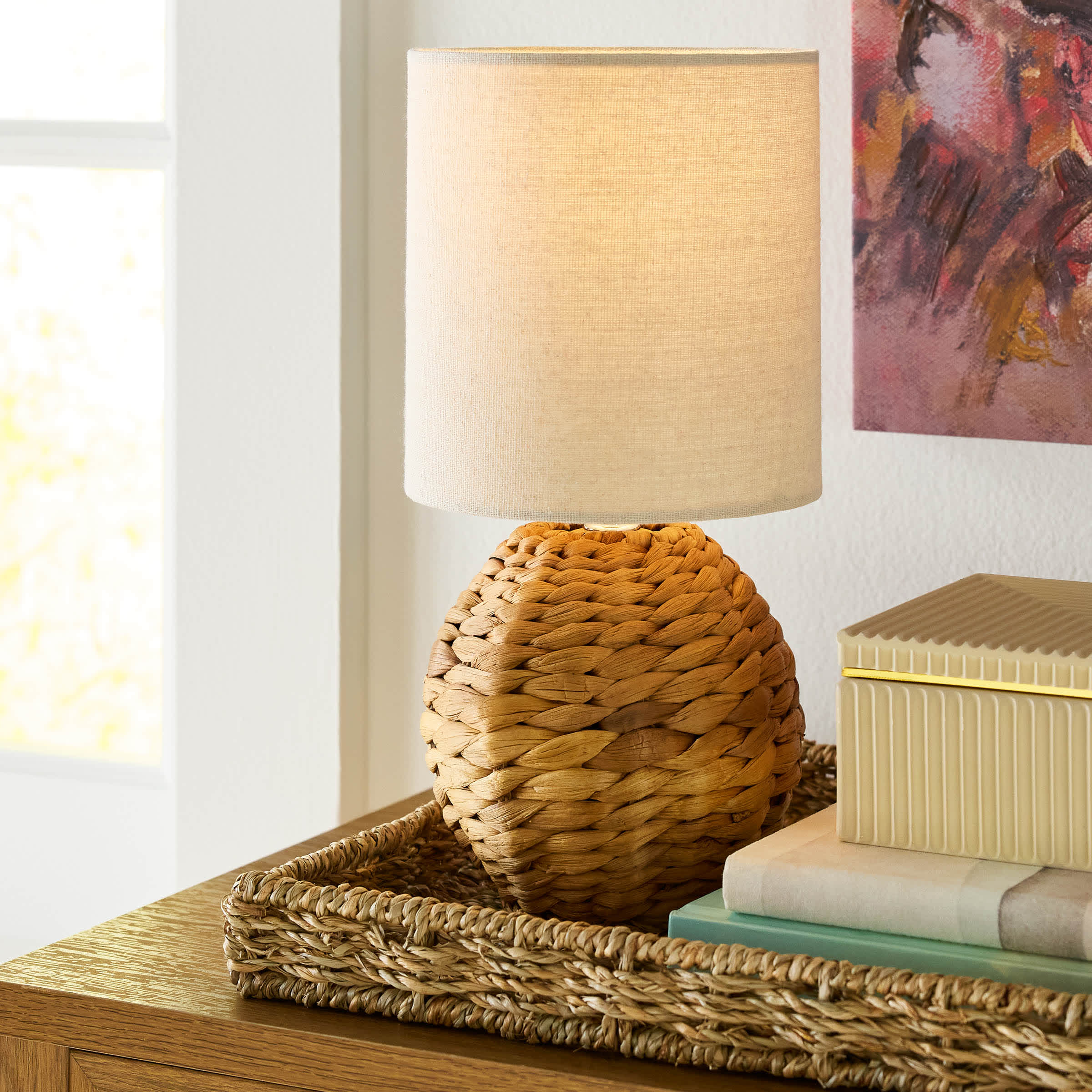 Honeybloom Woven Seagrass Mini Table Lamp with Shade, 13"
