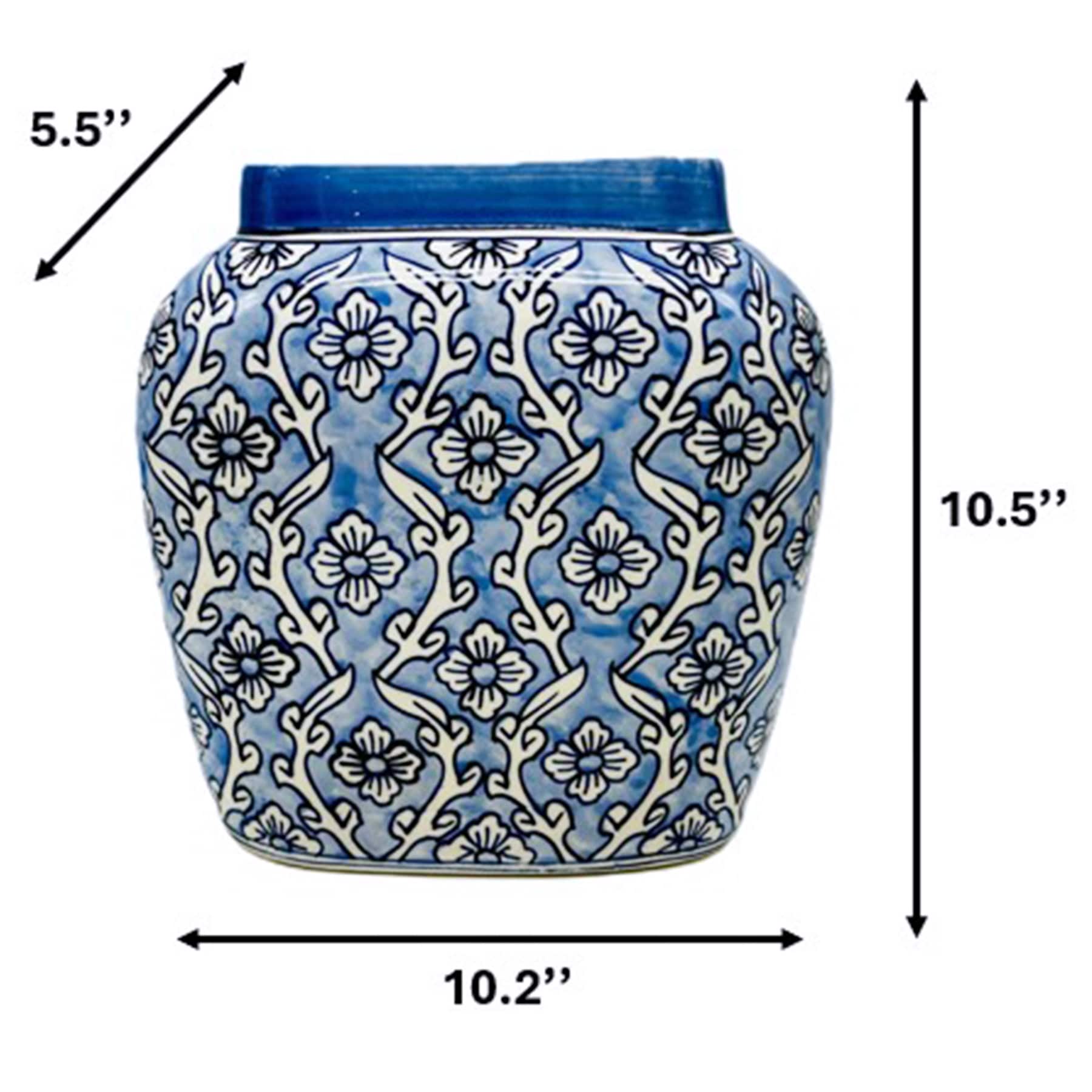 Light Blue Hand Painted Floral Ceramic Vase, 10.25''