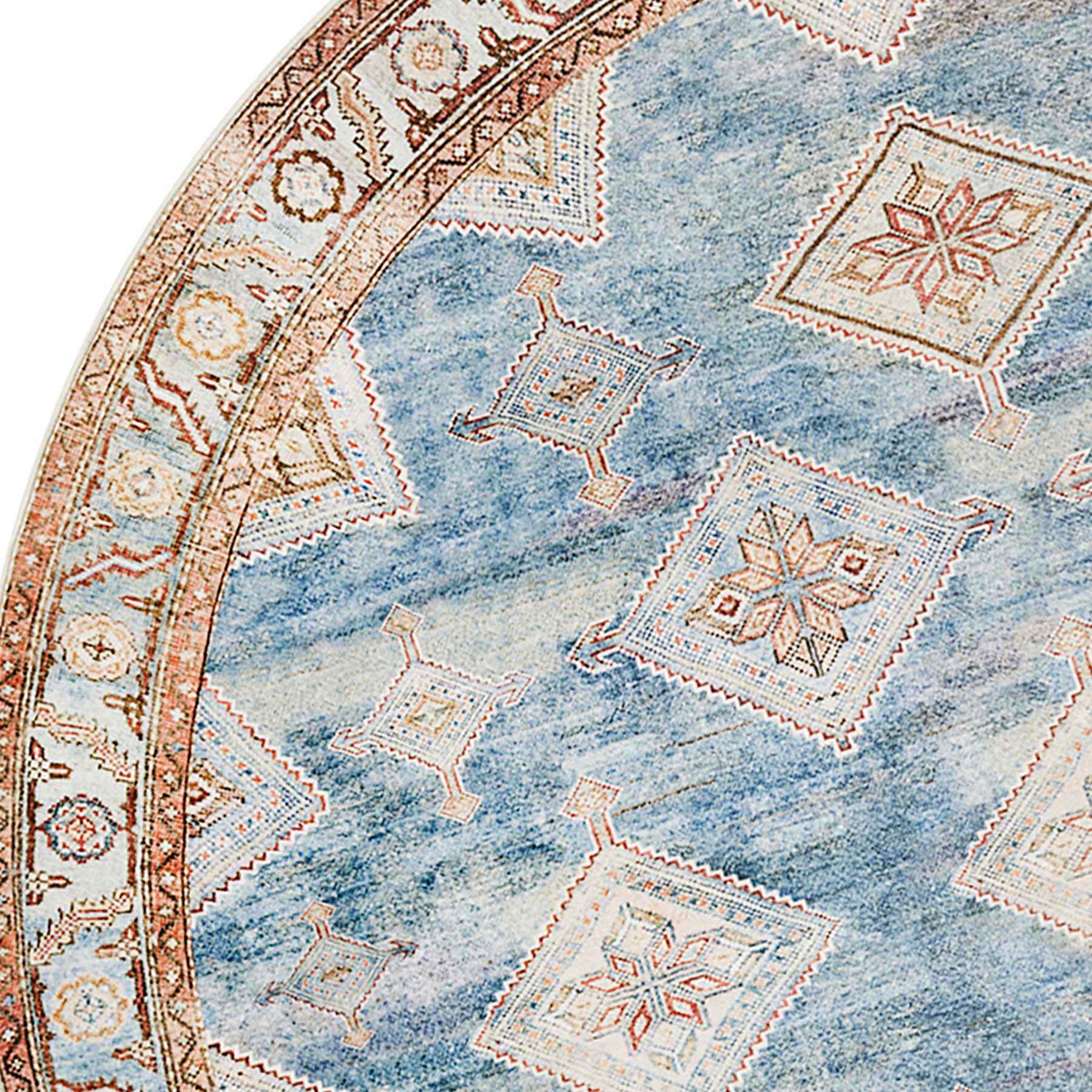 (D569) Freya Blue Multicolor Medallion Washable Round Rug, 6'