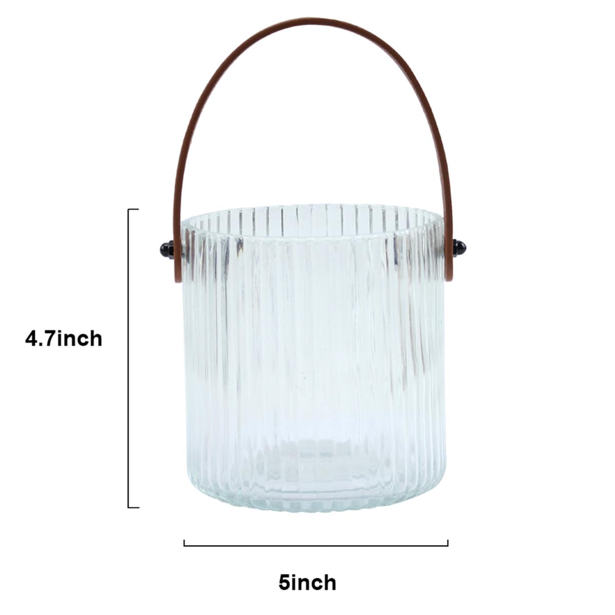 Ribbed Clear Glass Lantern with Brown Leather Handle, 5"