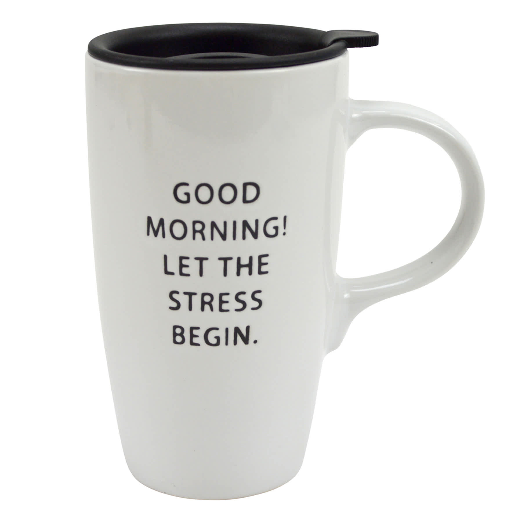 Let the Stress Begin White Mug with Lid