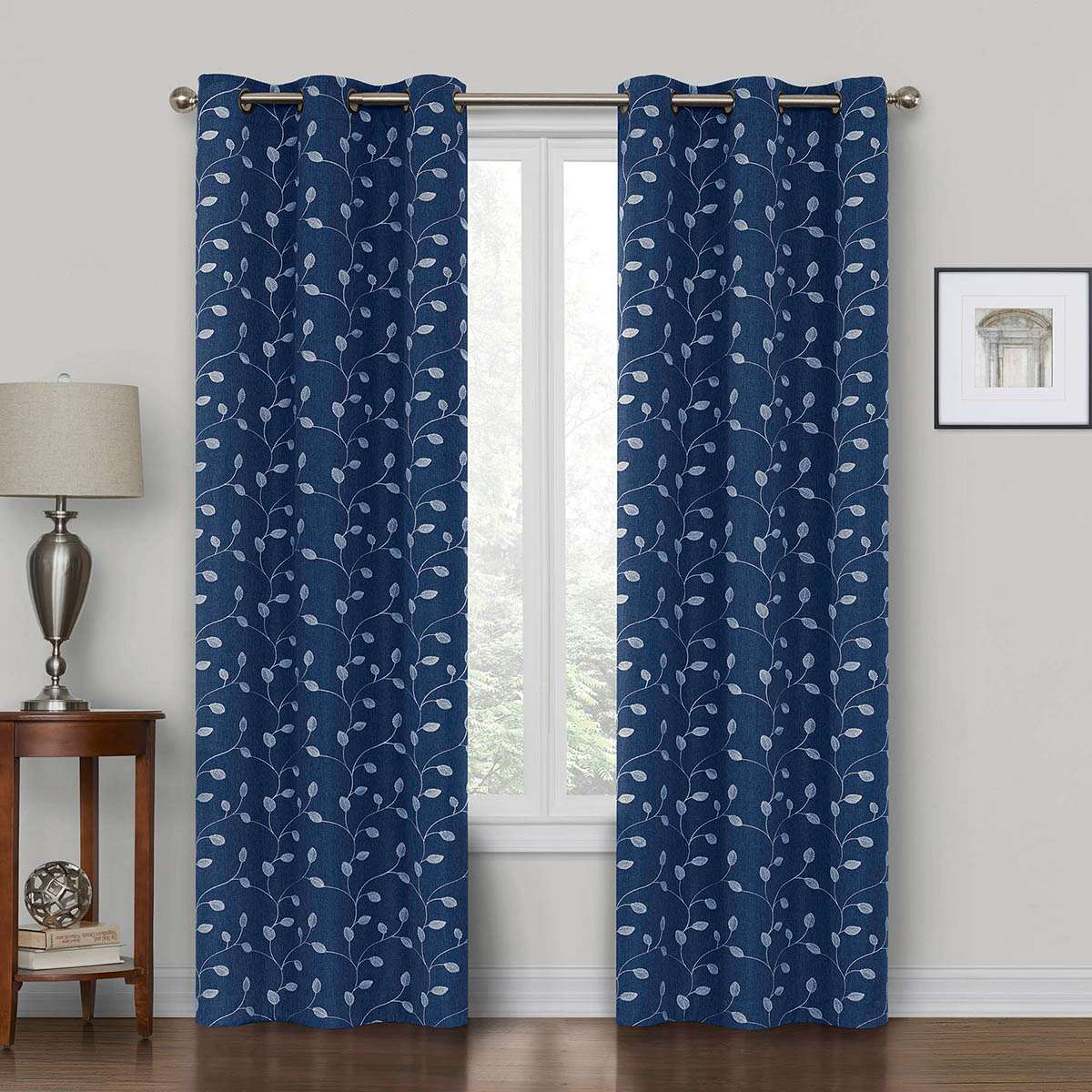 Navy Embroidered Blackout Grommet Curtain Panel, 84"
