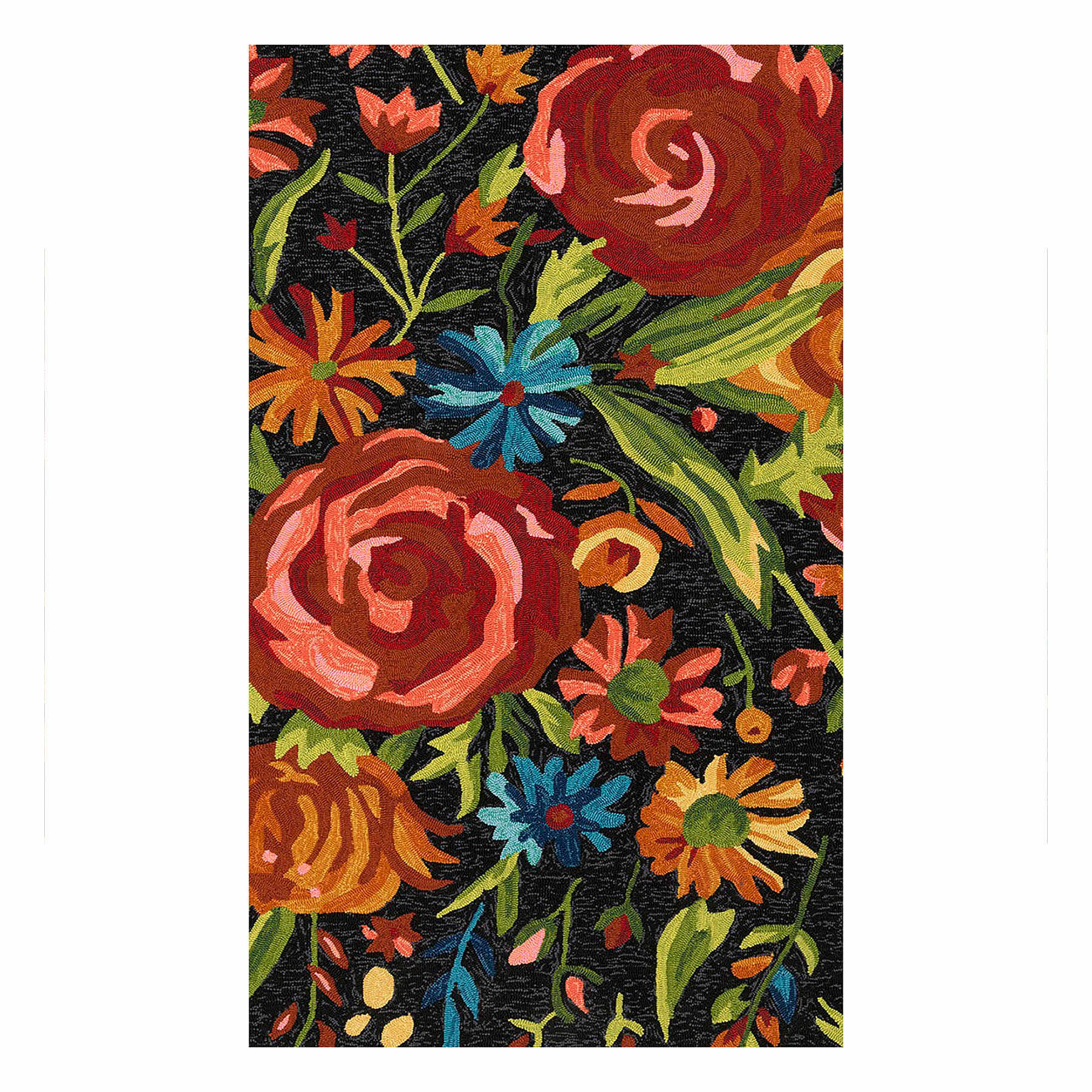 (E255) Santa Monica Black Floral Indoor & Outdoor Accent Rug, 3x5