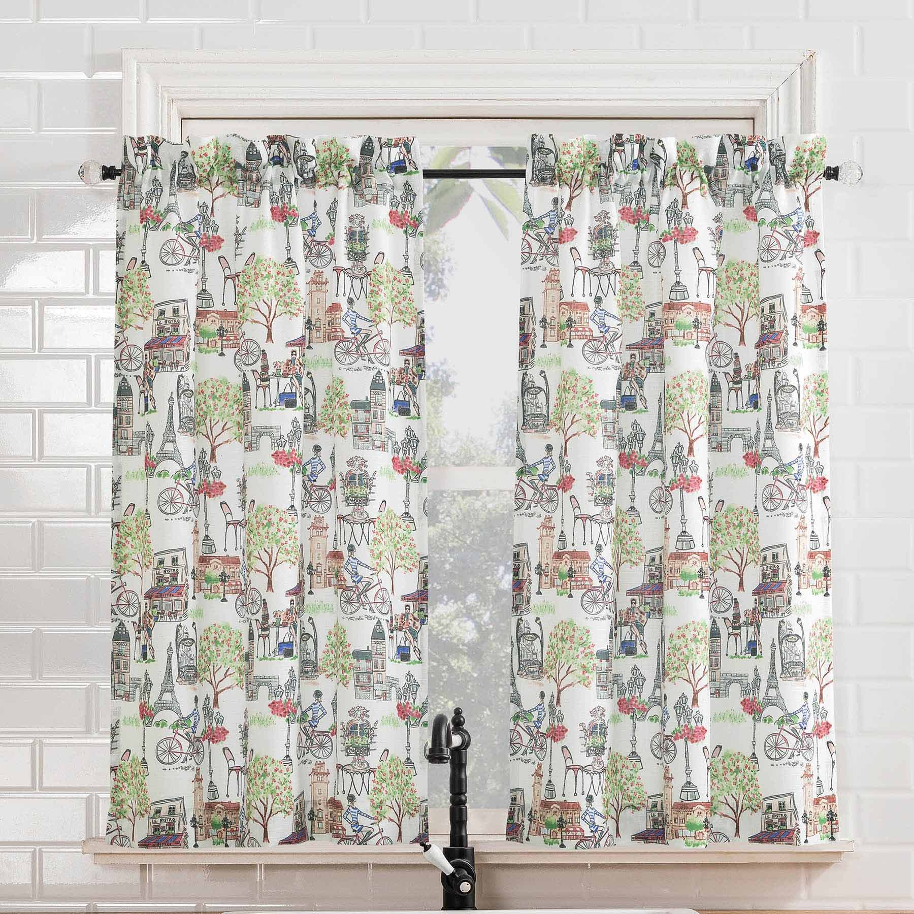 Bonjour White Floral Small Tiered Window Curtain, 54x36