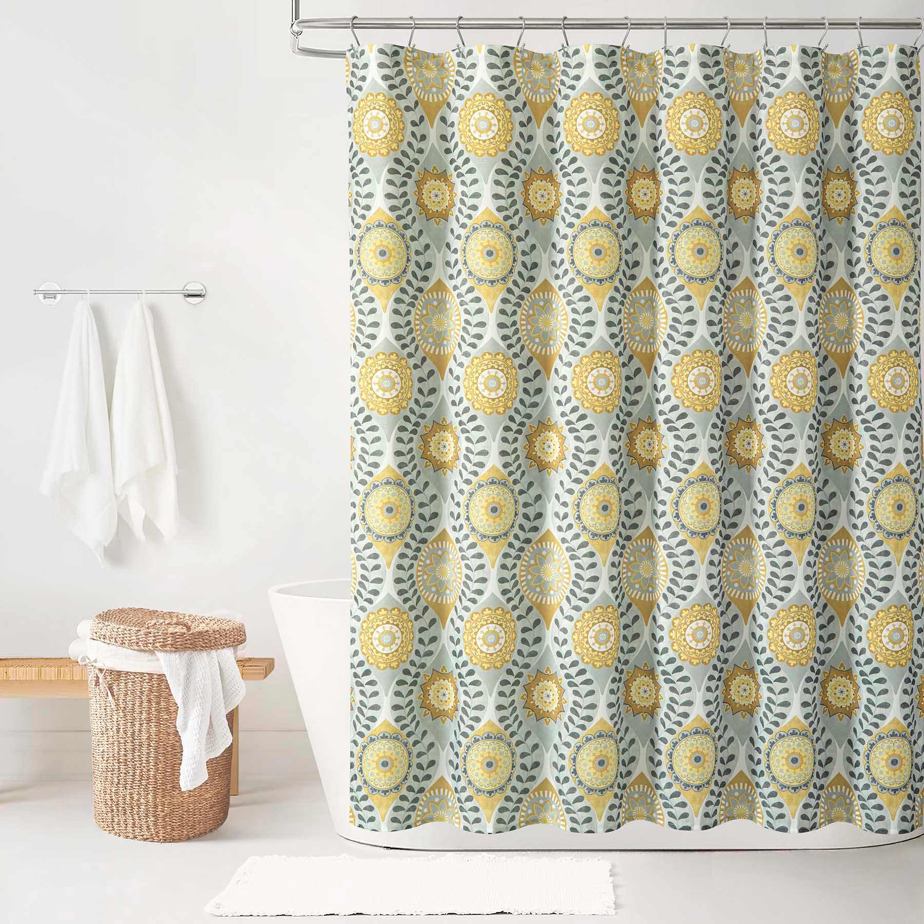 13-Piece Yellow & Grey Glendale Medallion Shower Curtain Set, 72"