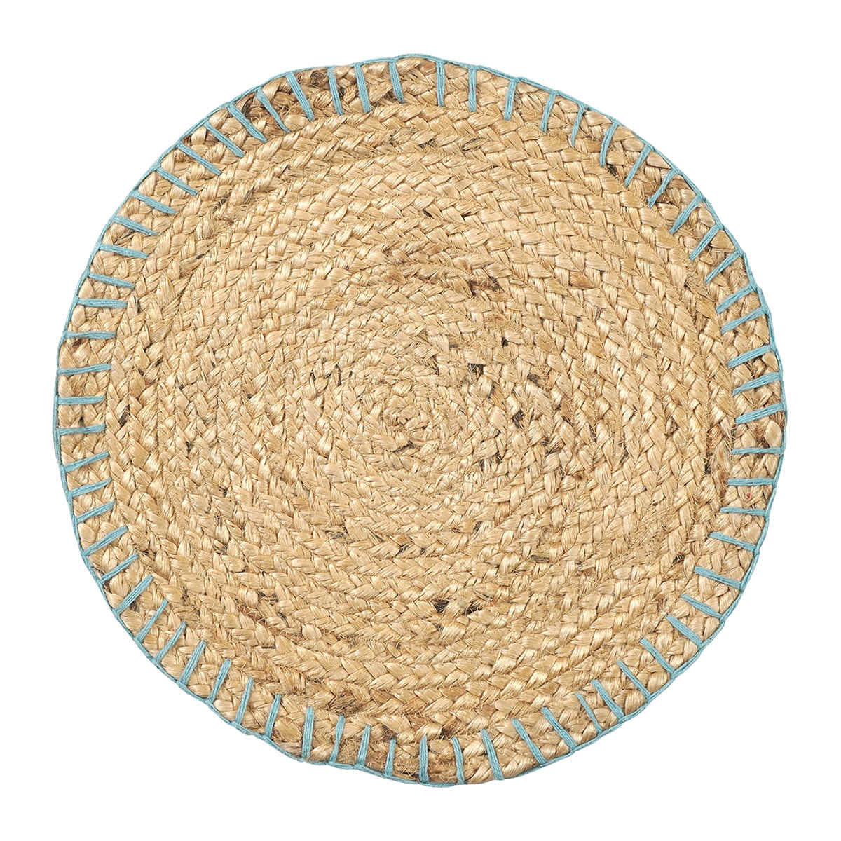 15In Natural Briaded Round Placemat With Blue Stitch