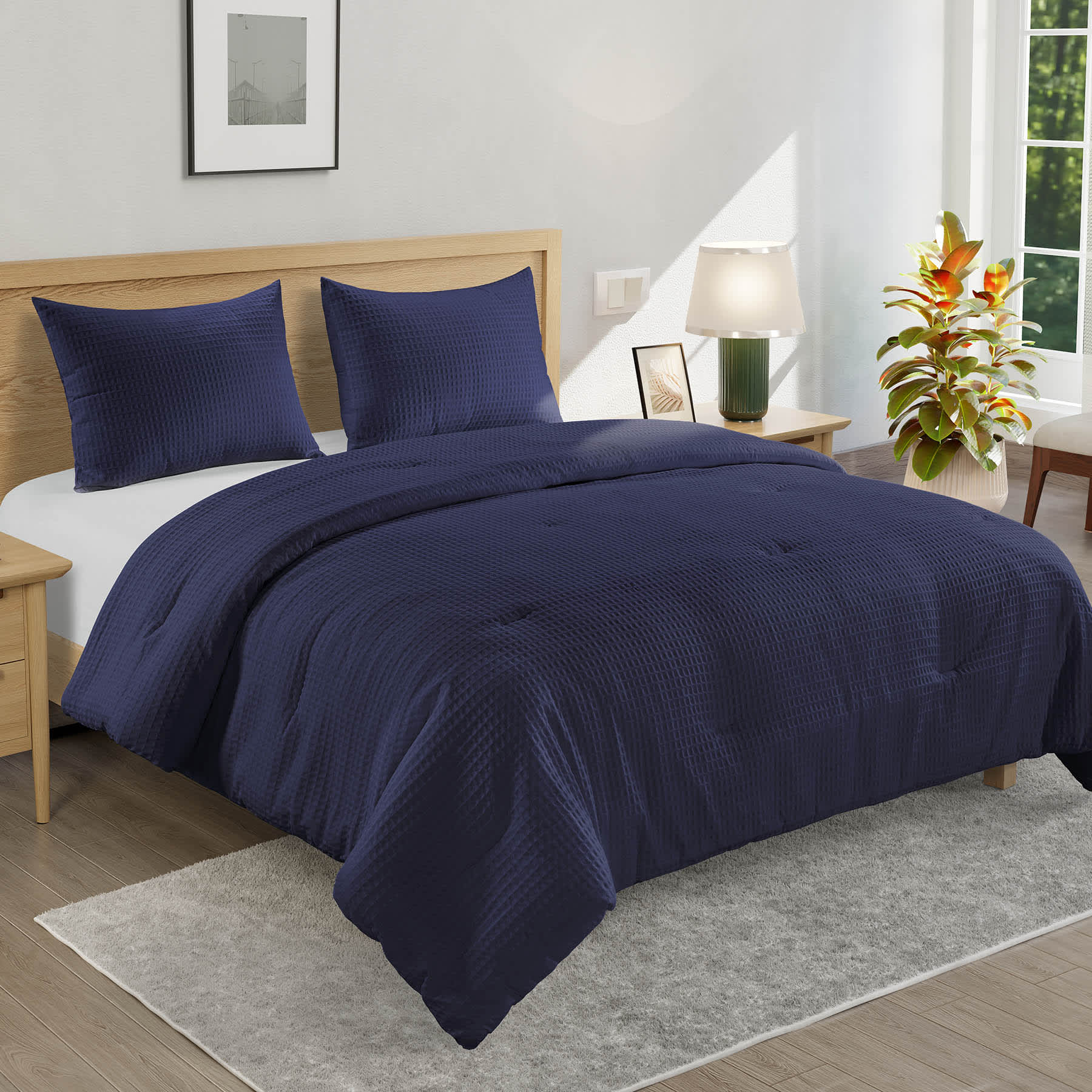 Crosby St. 3-Piece Navy Blue Washed Cotton Waffle Comforter Set, King