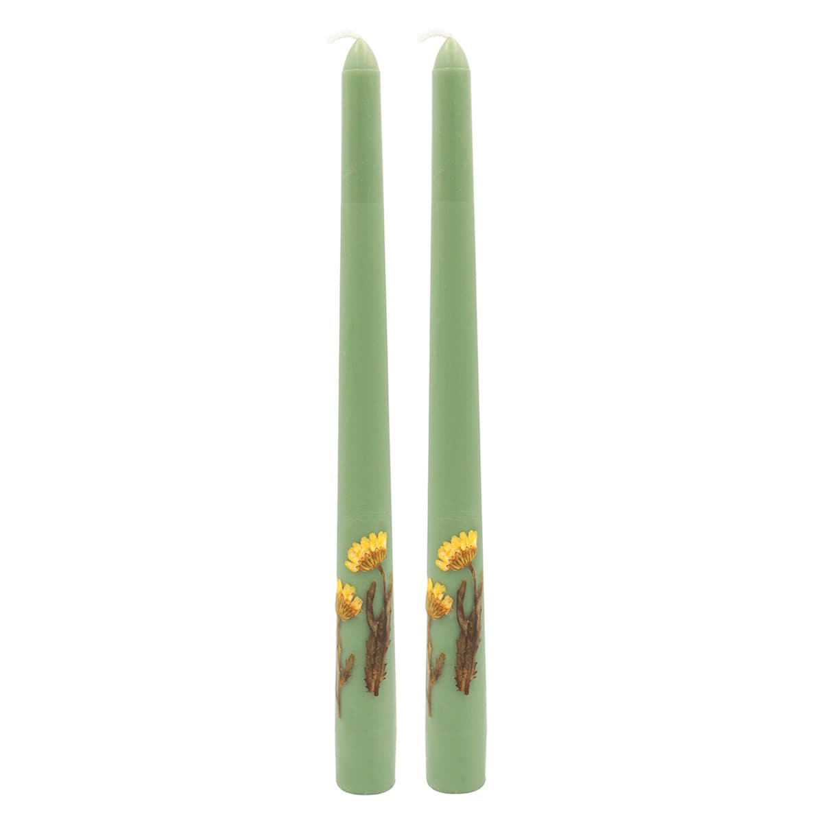 2-Pack Yellow Dried Flower Embedded Green Taper Candles, 10"