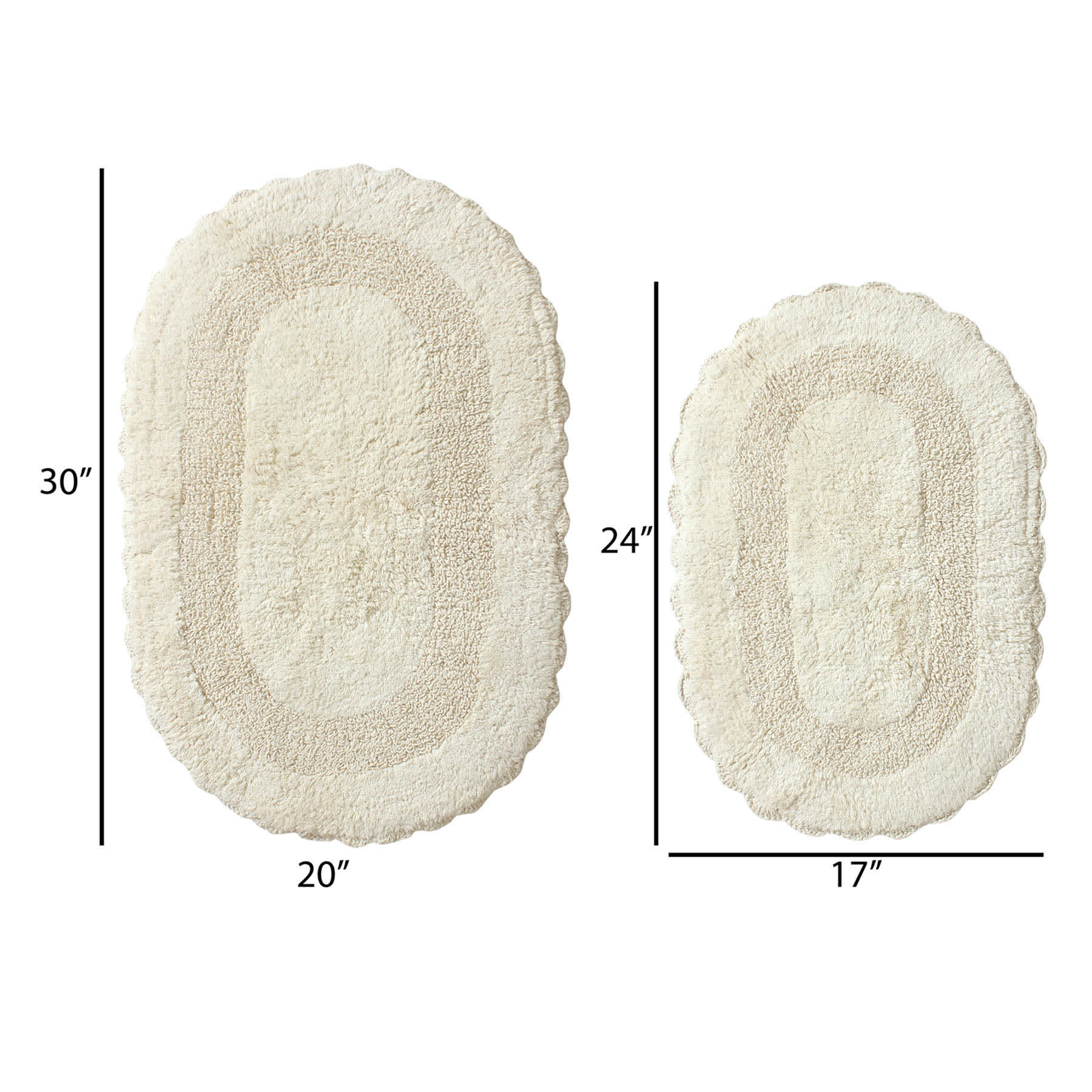 2-Piece Ivory Crochet Oval Bath Rug Set, 17x24/20x30