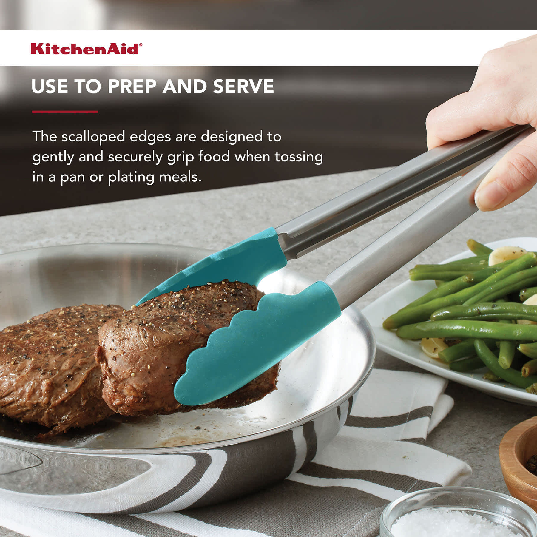 KitchenAid Stainless Steel Silicone Tipped Tongs, Aqua Sky