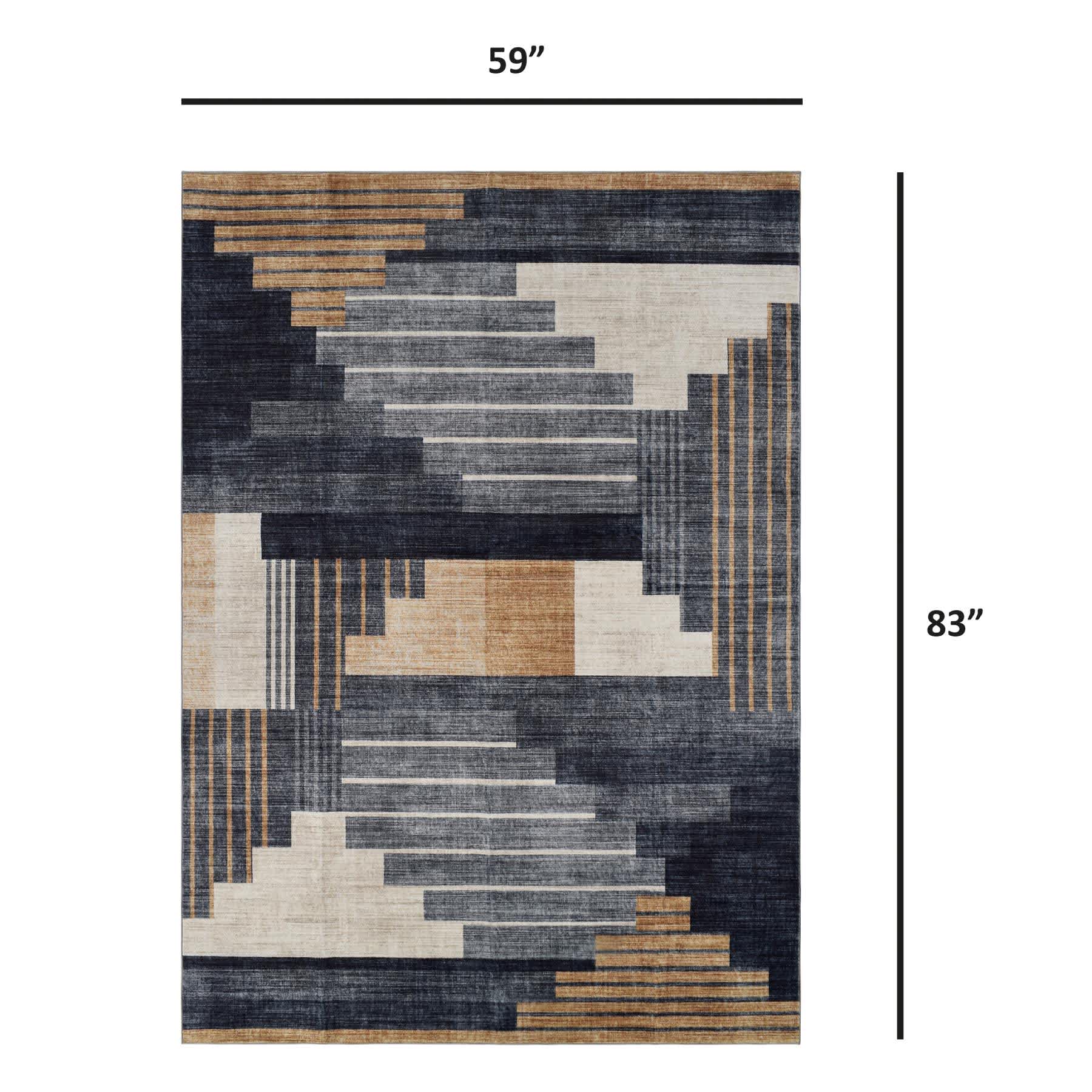 (B874) Crosby St. Dove Navy & Gold Washable Area Rug, 5x7