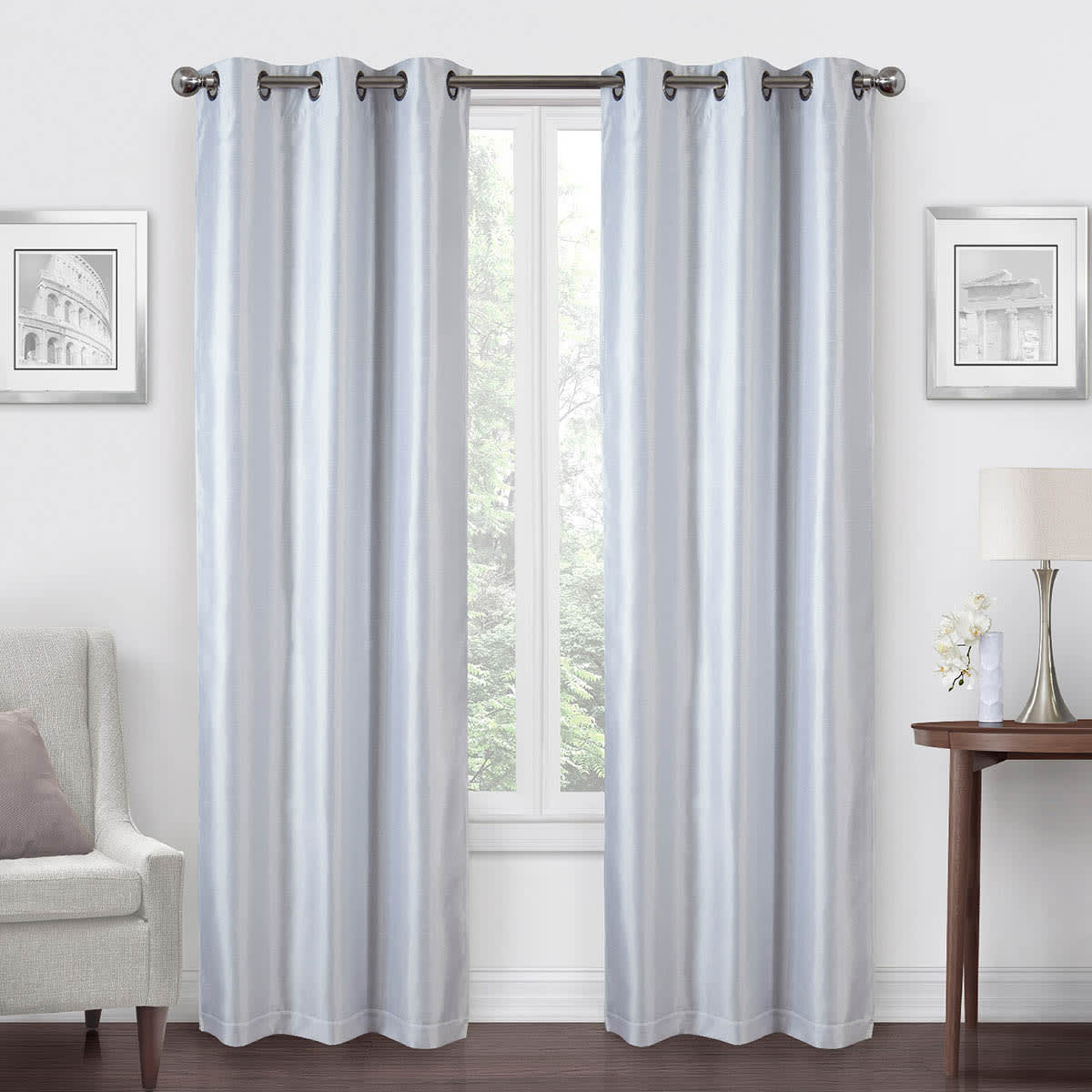 White Faux Silk Blackout Grommet Curtain Panel, 63"