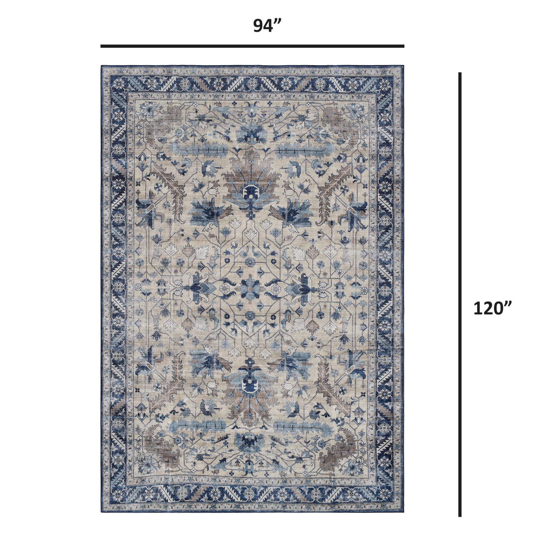 (B876) Dove Ivory & Blue Medallion Washable Area Rug, 8x10