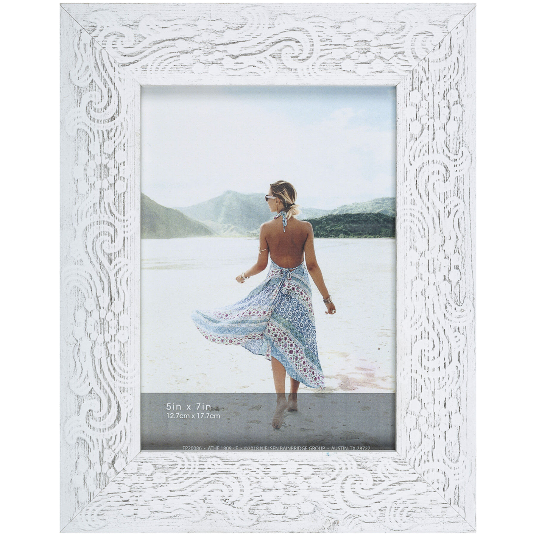 Whitewash Floral Patterned Profile Tabletop Picture Frame, 5x7