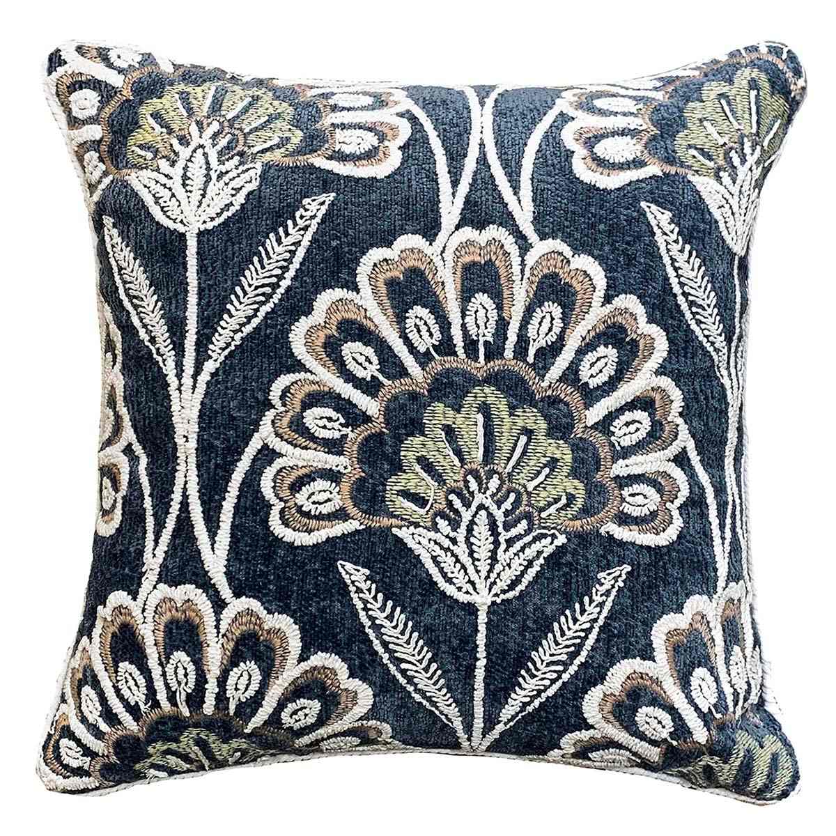 Indigo Floral Chenille Embroidered Throw Pillow, 18"