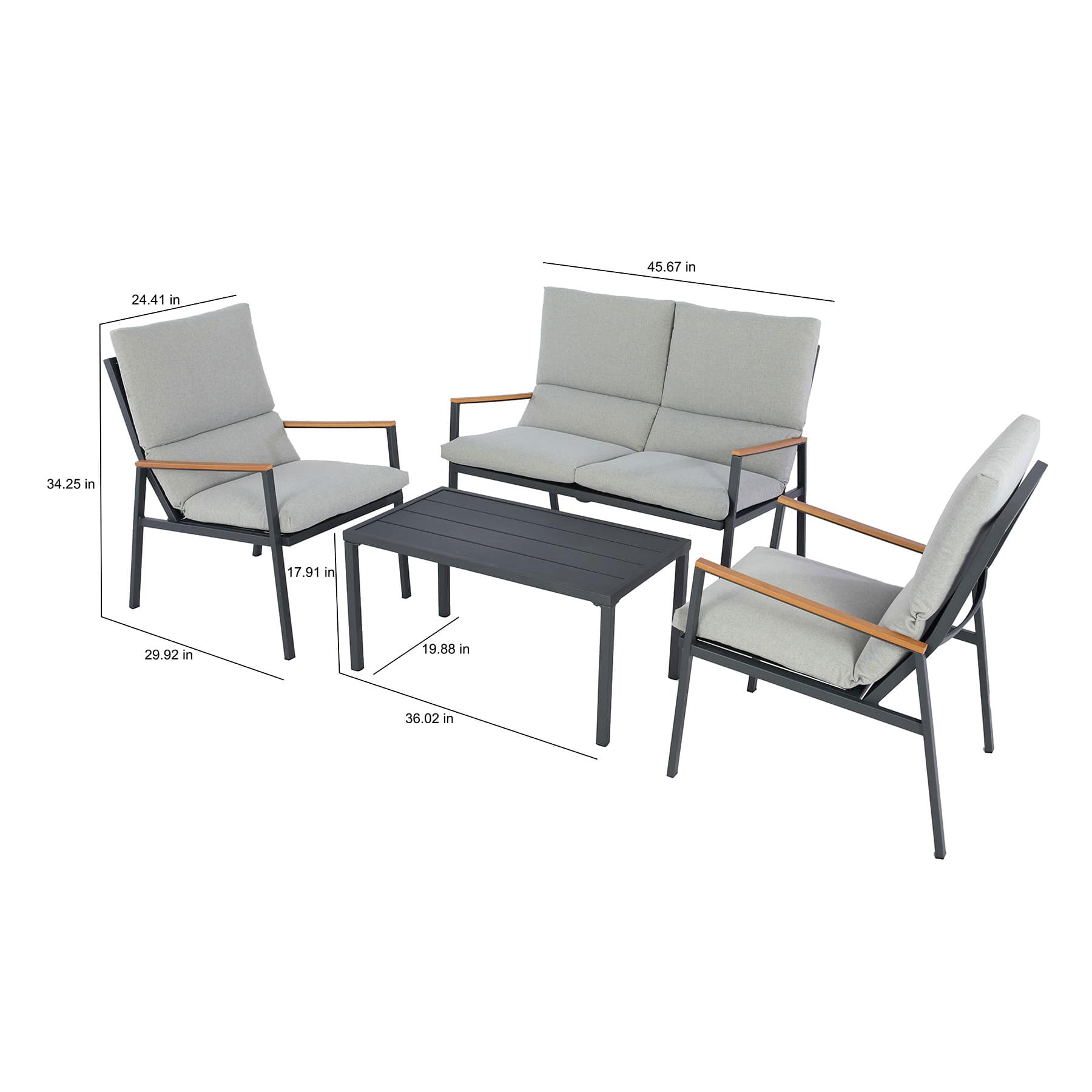 Crosby St. Porter 4-Piece Graphite Metal with Stone Cushions Seating Patio Set
