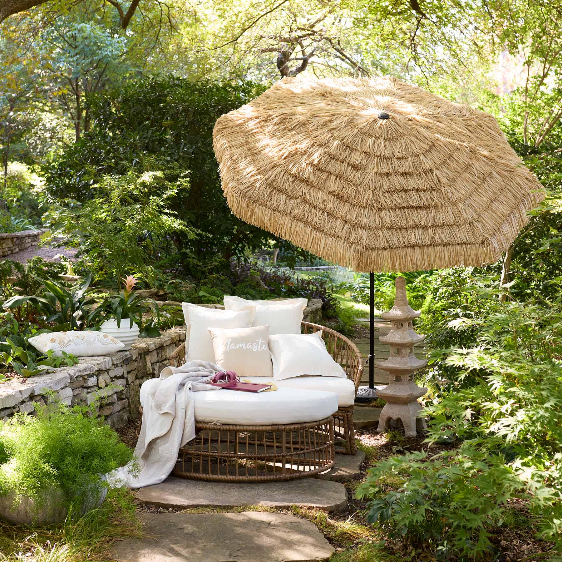Puebla Daybed Natural Wicker with Natural Canvas Cushions, Pillows, Umbrella and Base 3-Piece Set