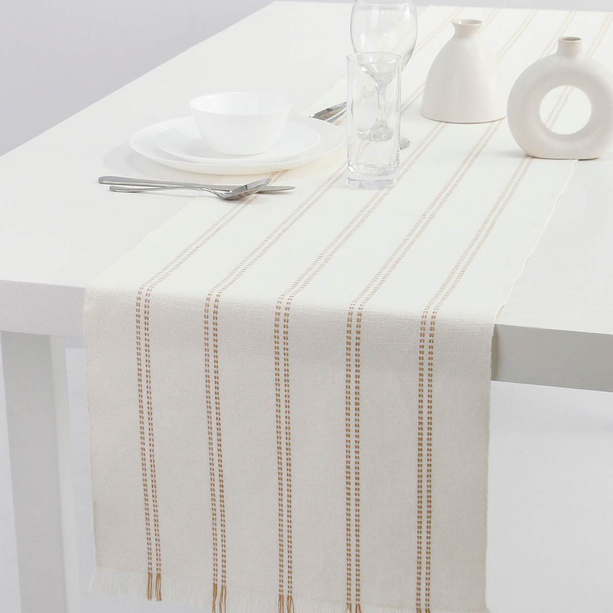 Ivory Woven Ribbed Table Runner with Neutral Stripes & Fringe, 14x90