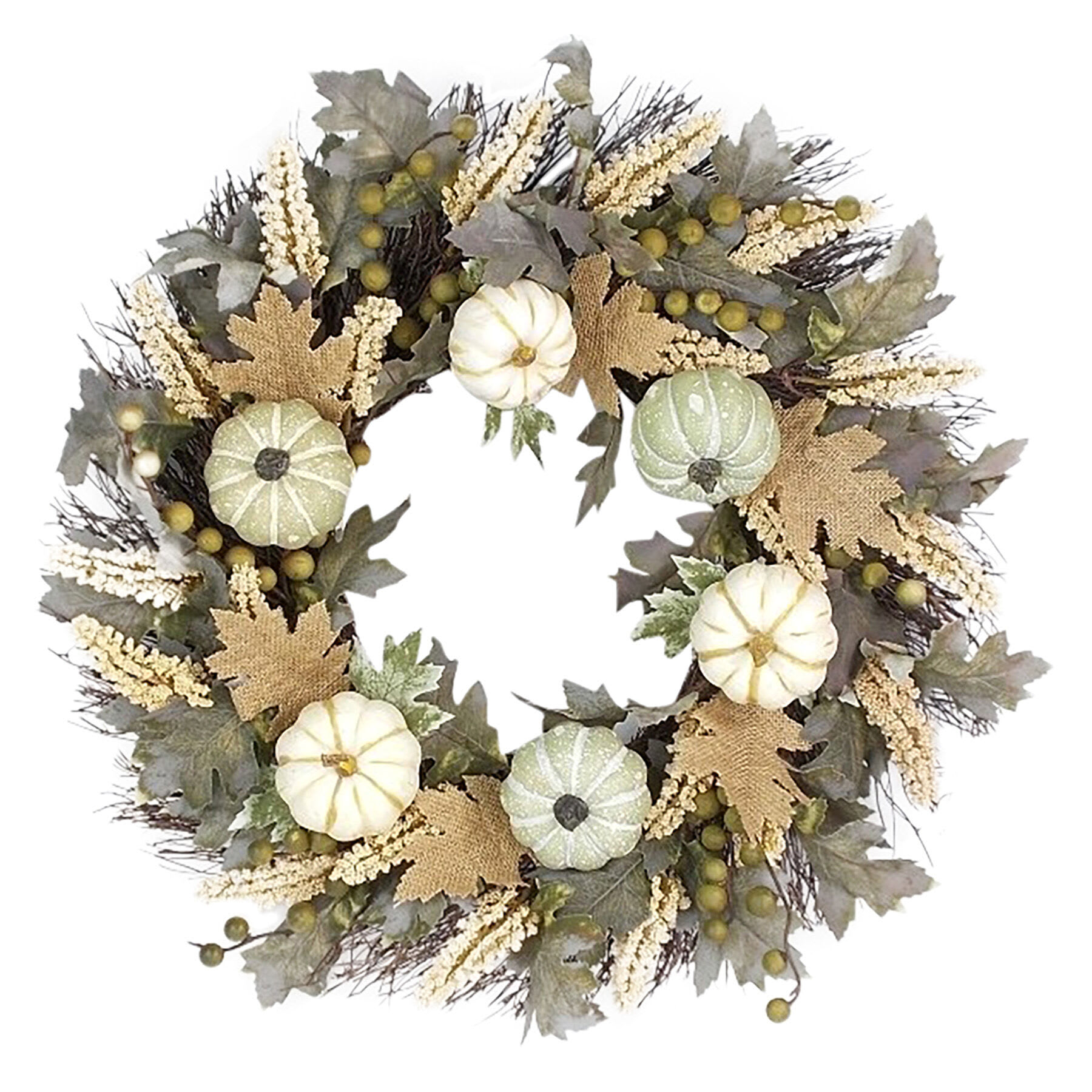 White & Green Pumpkins Burlap Wreath, 22"