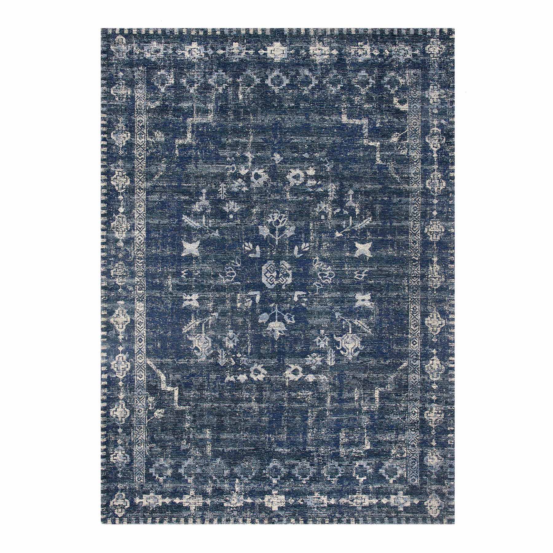 (B823) Teagan Navy Blue Floral Flatweave Area Rug, 5x7