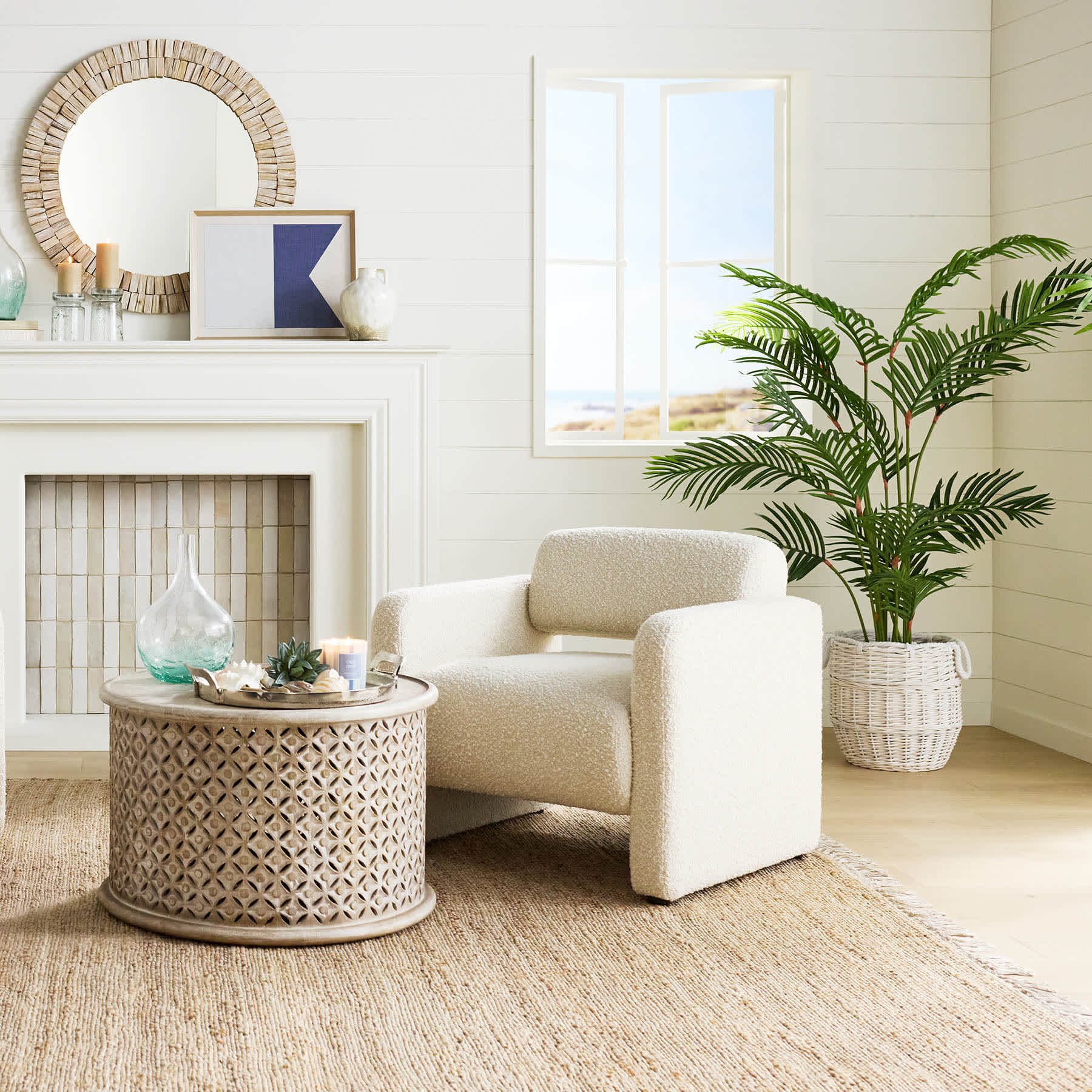 Honeybloom White Wicker Round Storage Basket, Small
