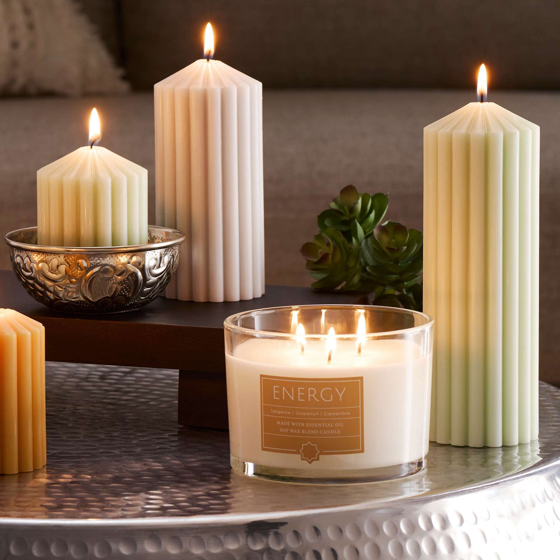 Found & Fable Green Unscented Ribbed Pillar Candle, 3x8