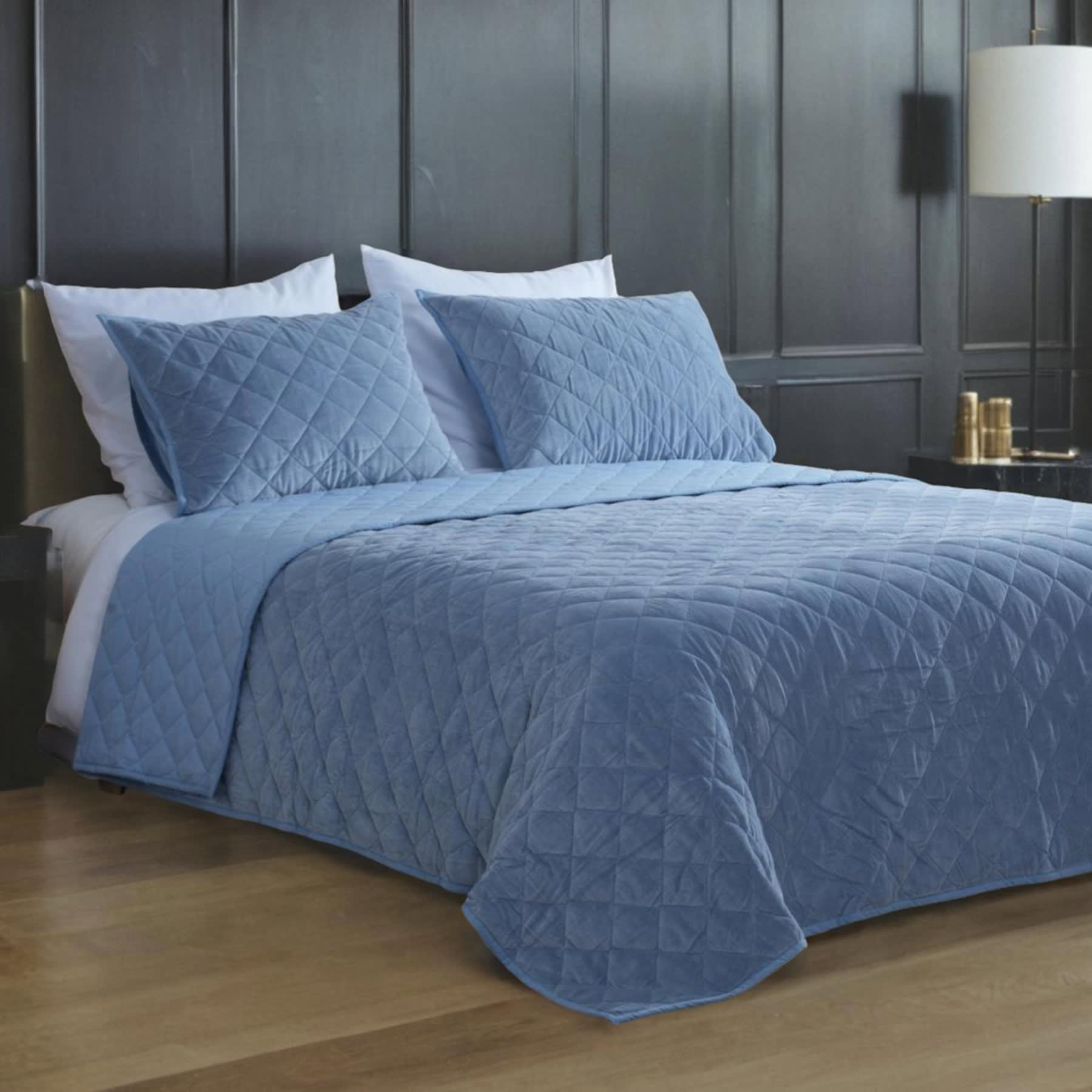 Providence 3-Piece Light Blue Cotton Velvet Quilt Set, King