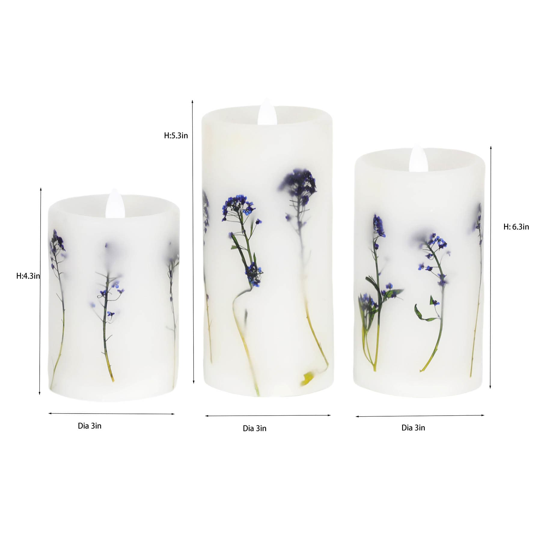 3-Pack Embedded Flower Pillar Candle, 3x4/3x5/3x6