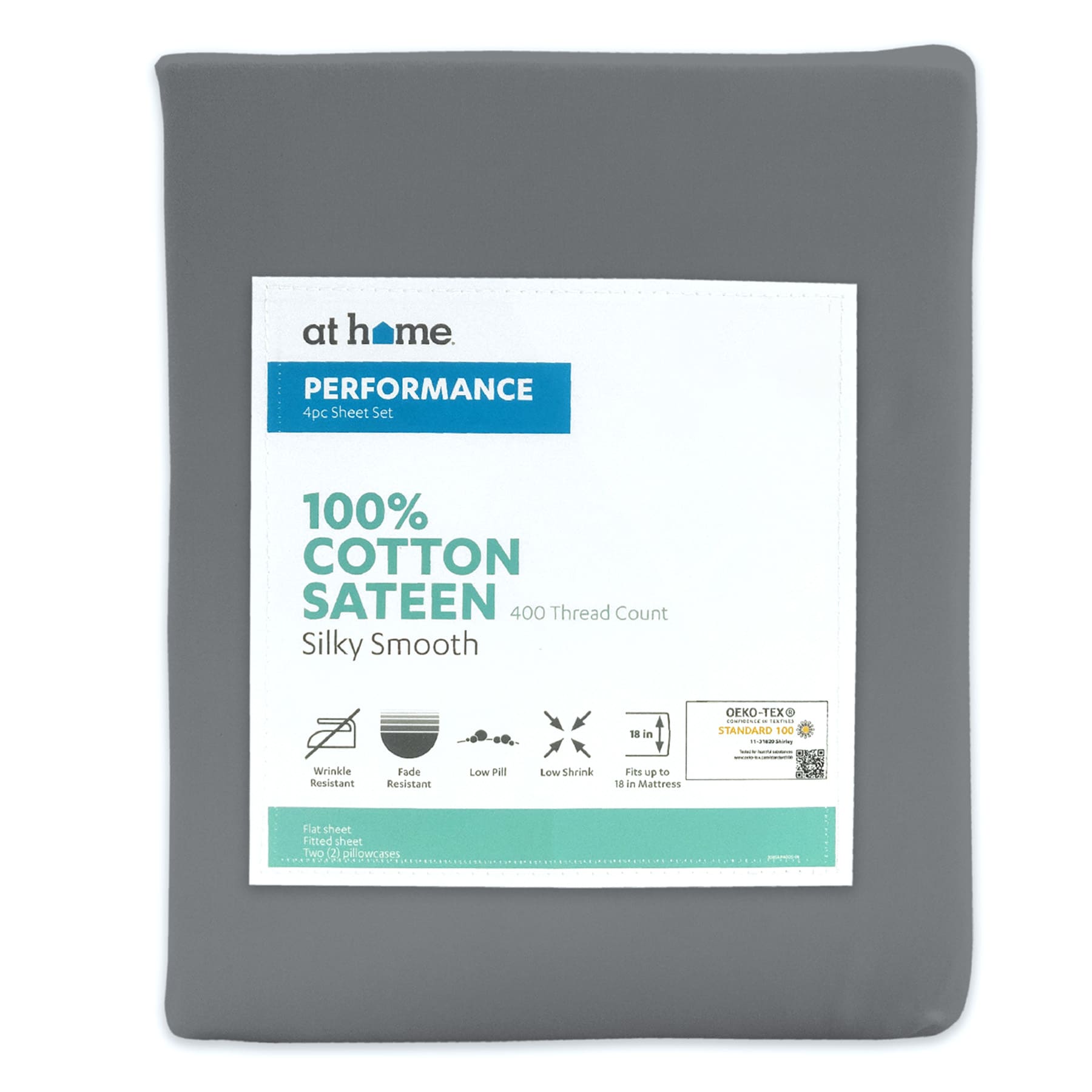 4-Piece Grey 400 Thread Count Cotton Performance Sheet Set, Full