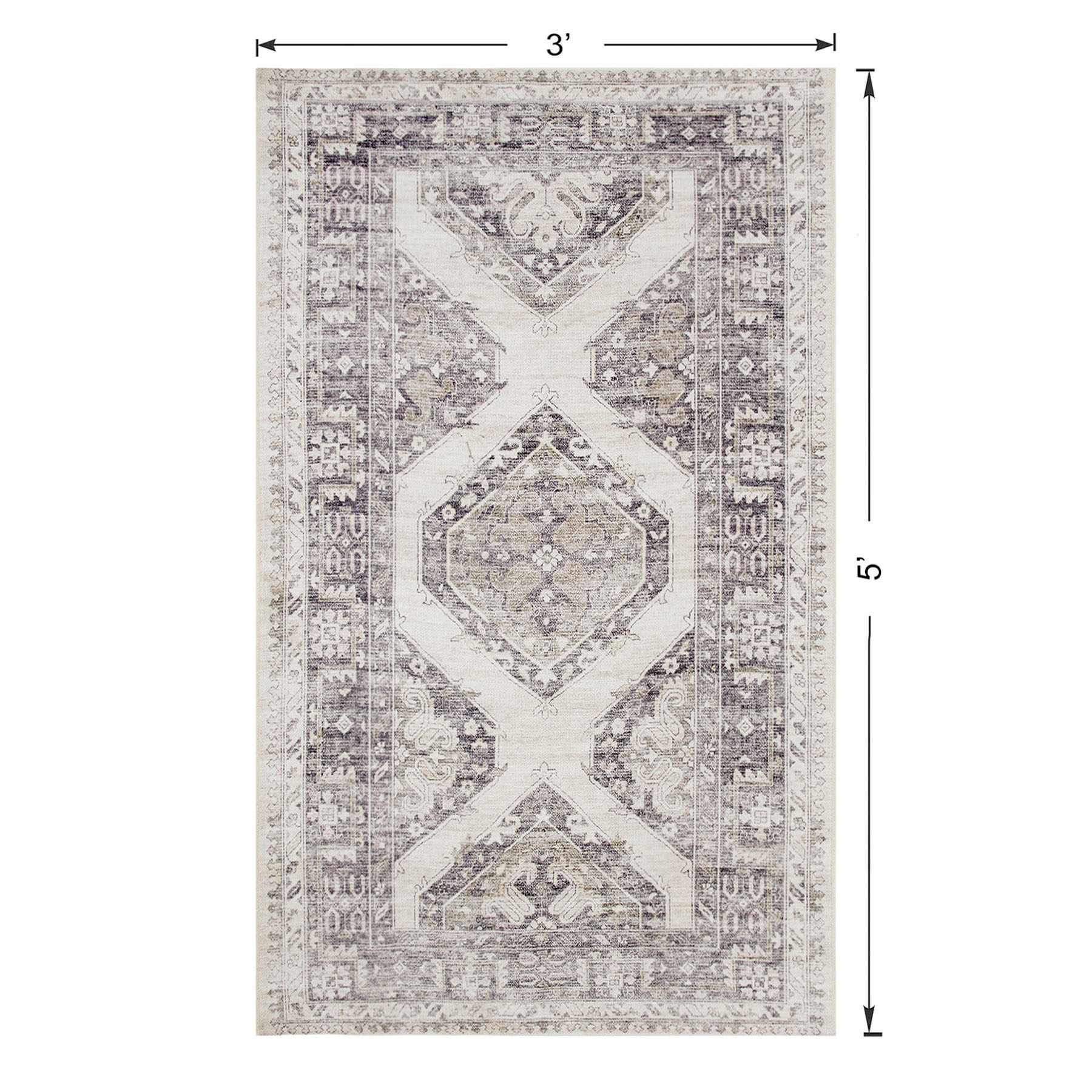 (B829) Grey & White Floral Washable Accent Rug, 3x5